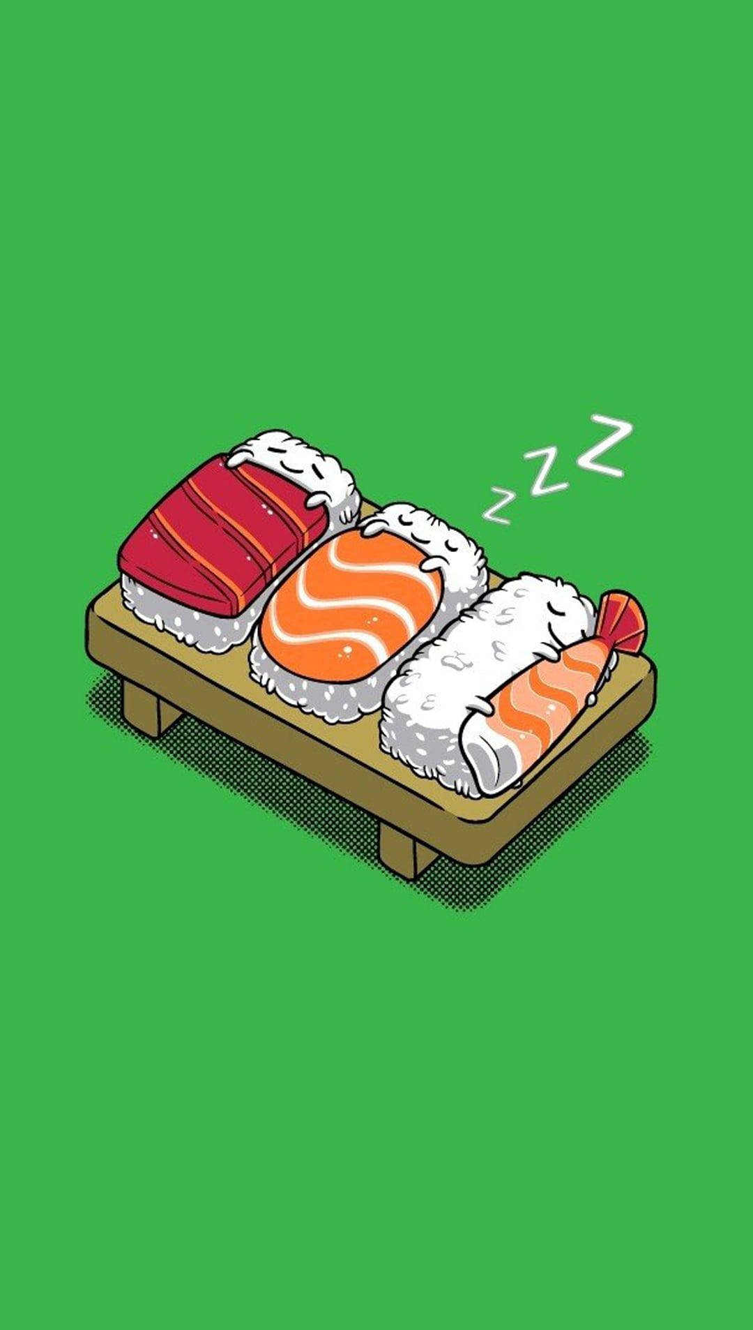 Sushi 桌布 壁紙 — 三件卡通壽司在明亮的綠色背景上，放在木托盤上安睡，帶有zzz符號。