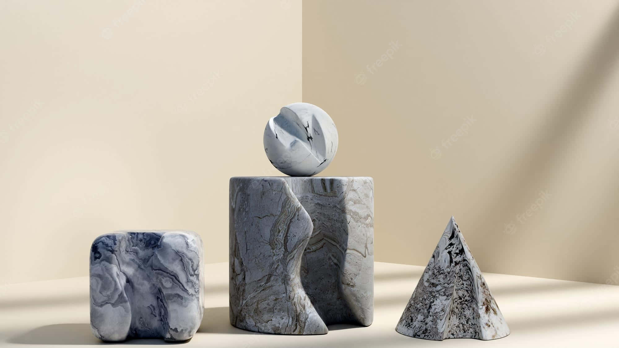 Modern Desktop 桌布 壁紙 — 三件大理石幾何雕塑（立方體、圓柱體和金字塔）在柔和米色工作室燈光下投下輕柔陰影。