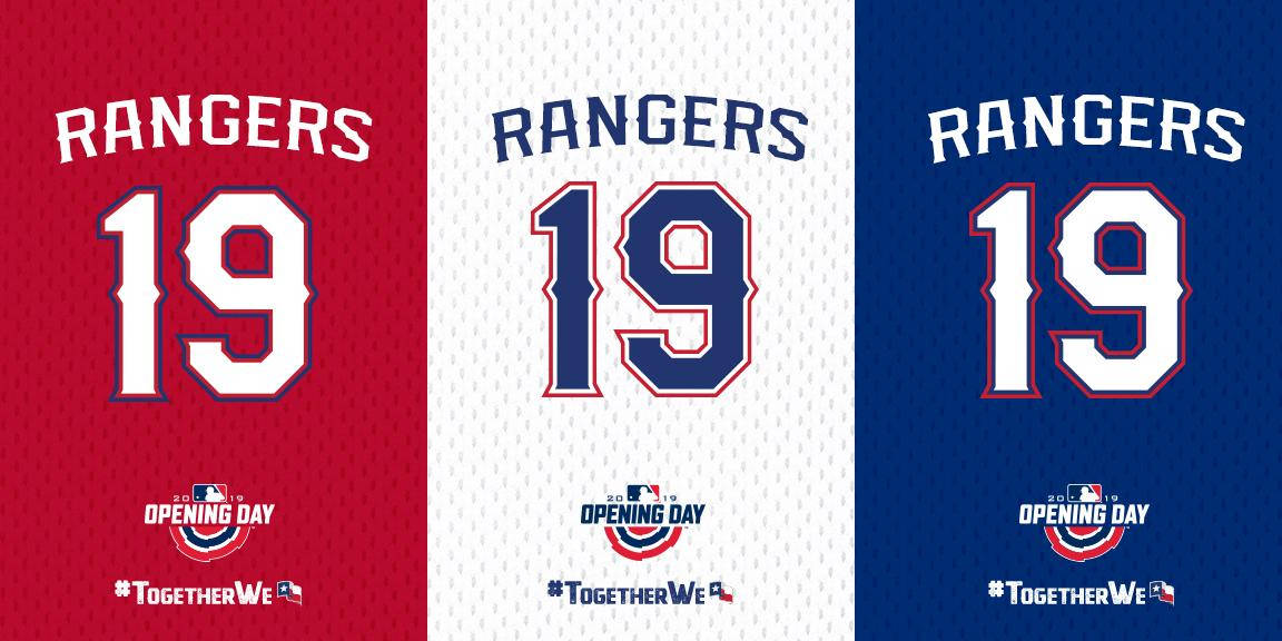 Texas Rangers 桌布 壁紙 — 三件紅色、白色和藍色的棒球球衣，每件都顯示號碼 19 和 Rangers 文字，用於開幕日。