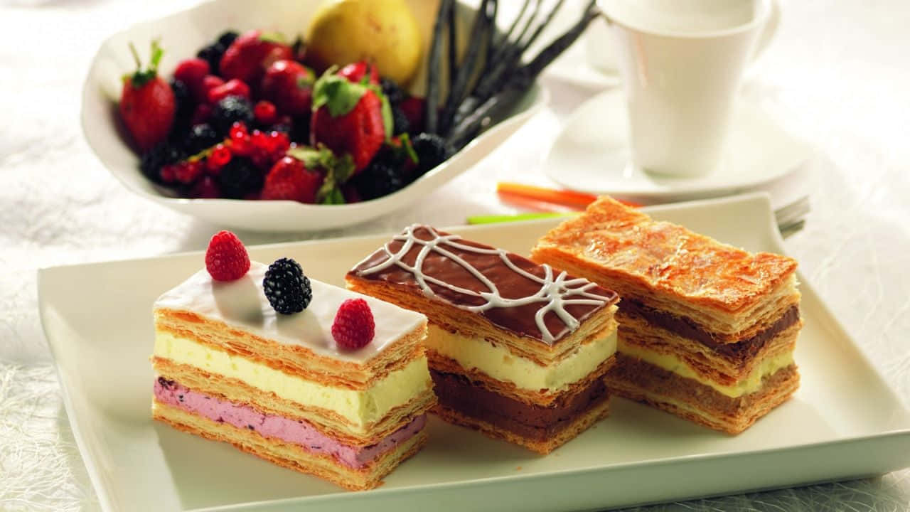 Pastry 桌布 壁紙 — 三件頹廢的層狀糕點，上面鋪滿新鮮莓果和巧克力醬，放在白色盤子上，旁邊有一碗綜合莓果和一杯茶。