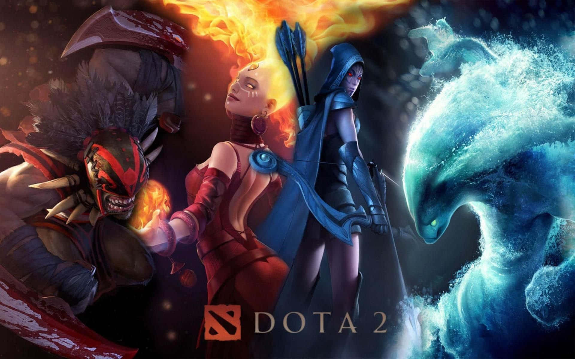 2 Player Games 桌布 壁紙 — 三位 Dota 2 英雄在黑暗宇宙背景下展開火與冰的元素戰鬥。