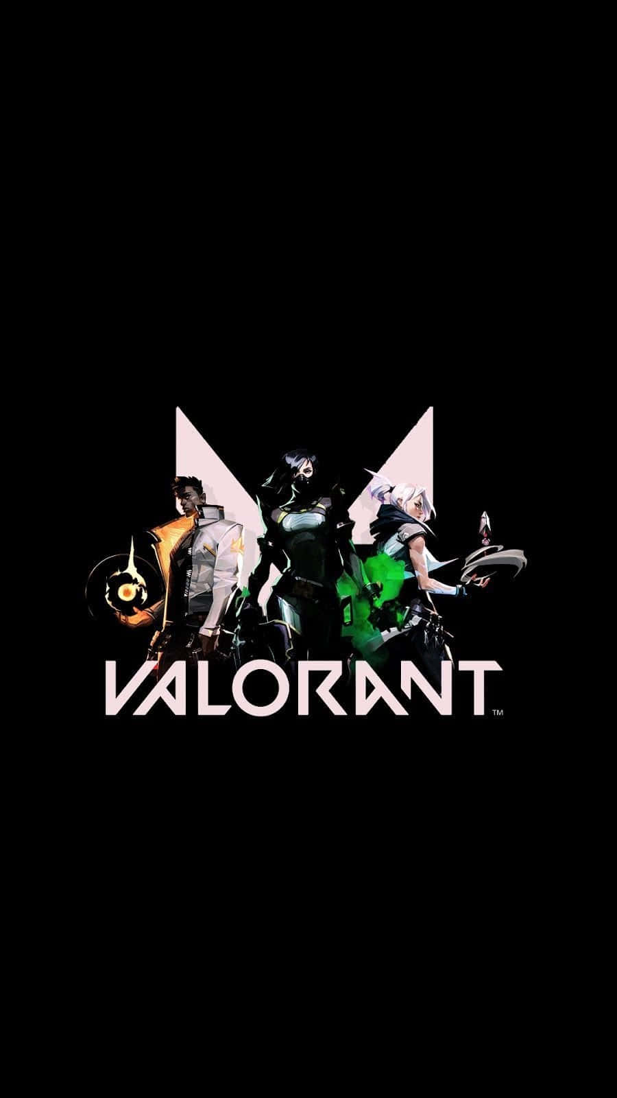 Android Valorant 桌布 壁紙 — 三位 Valorant 特工以風格化三角形排列，背景為黑色，下方有發光武器和遊戲標誌。