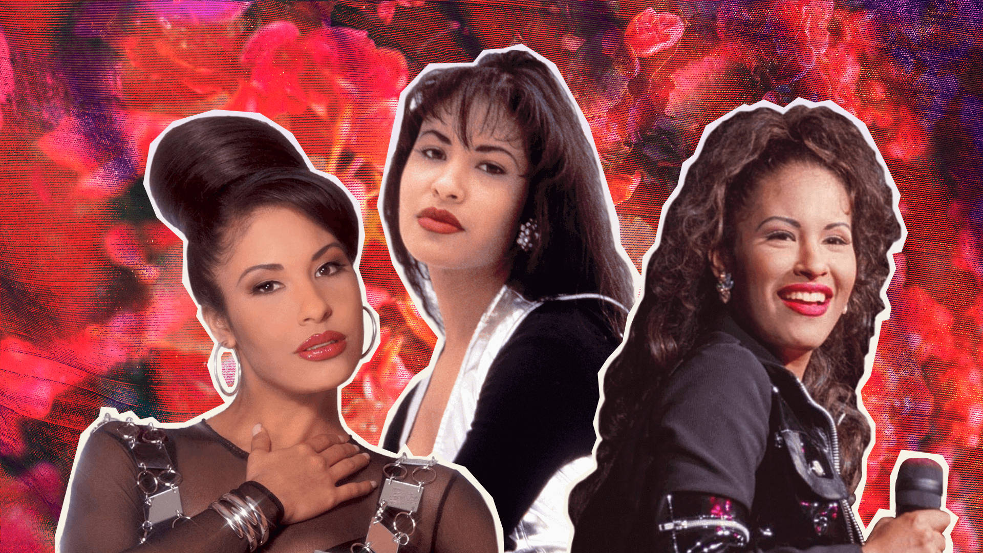 Selena Quintanilla 桌布 壁紙 — 三位1990年代魅力四射的女歌手在鮮豔的紅色花卉背景前自信地擺姿勢，輪廓大膽。