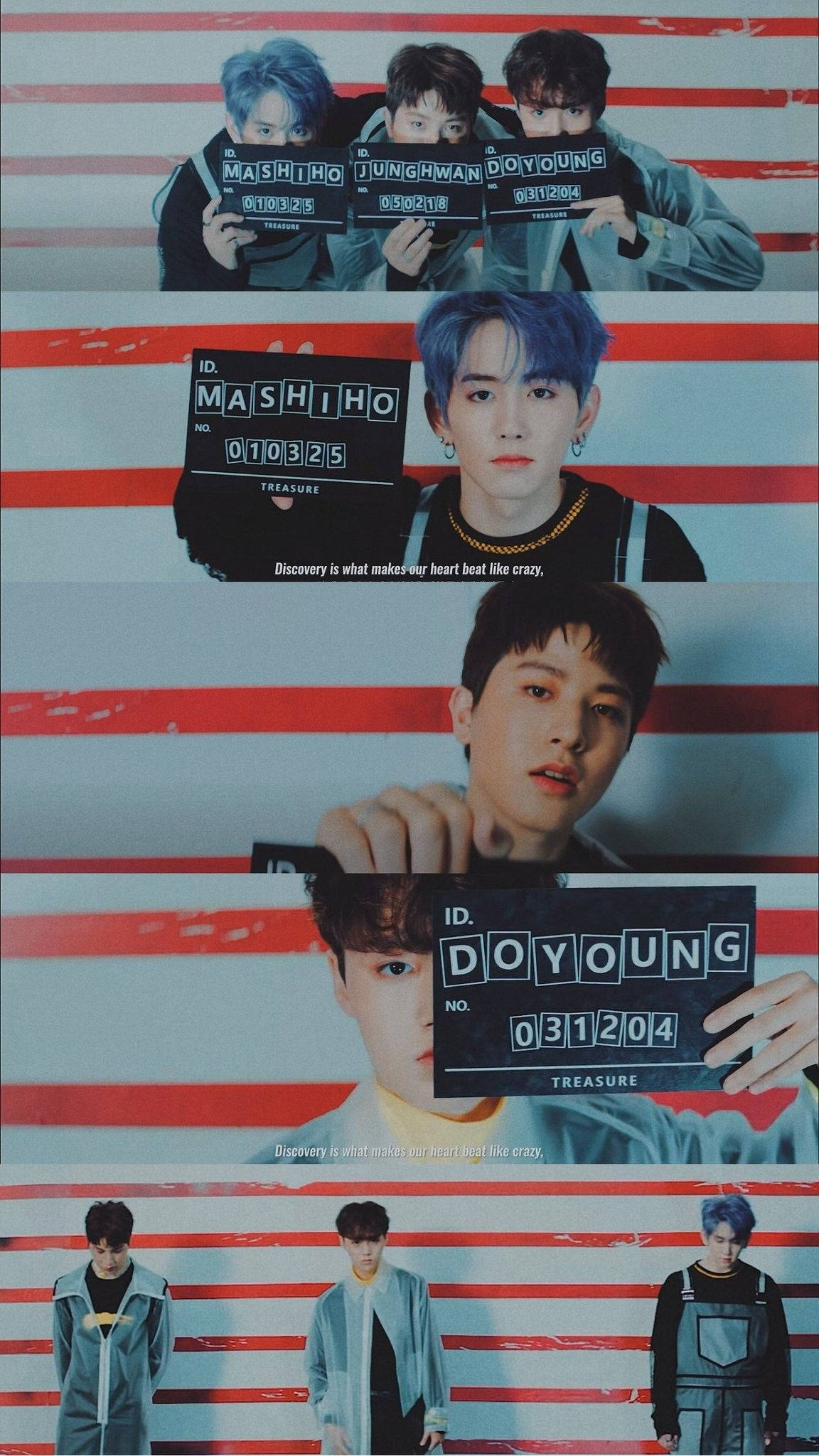Treasure 桌布 壁紙 — 三位K-pop偶像在鮮明的紅白條紋牆前，手持場記板，擺出風格化的宣傳照姿勢。