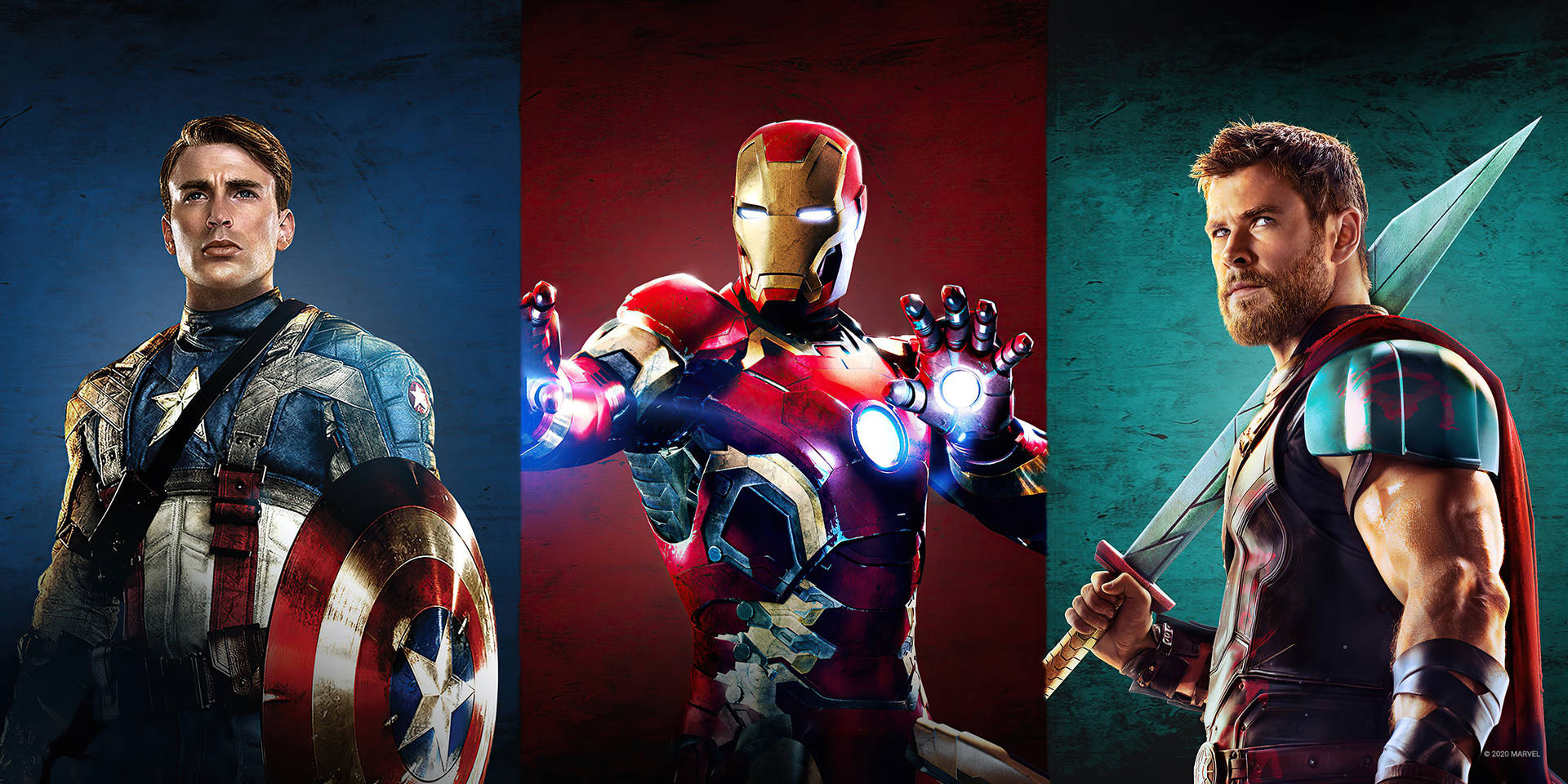美國隊長、鋼鐵人和雷神索爾以英雄姿勢展示他們的標誌性武器和服裝。