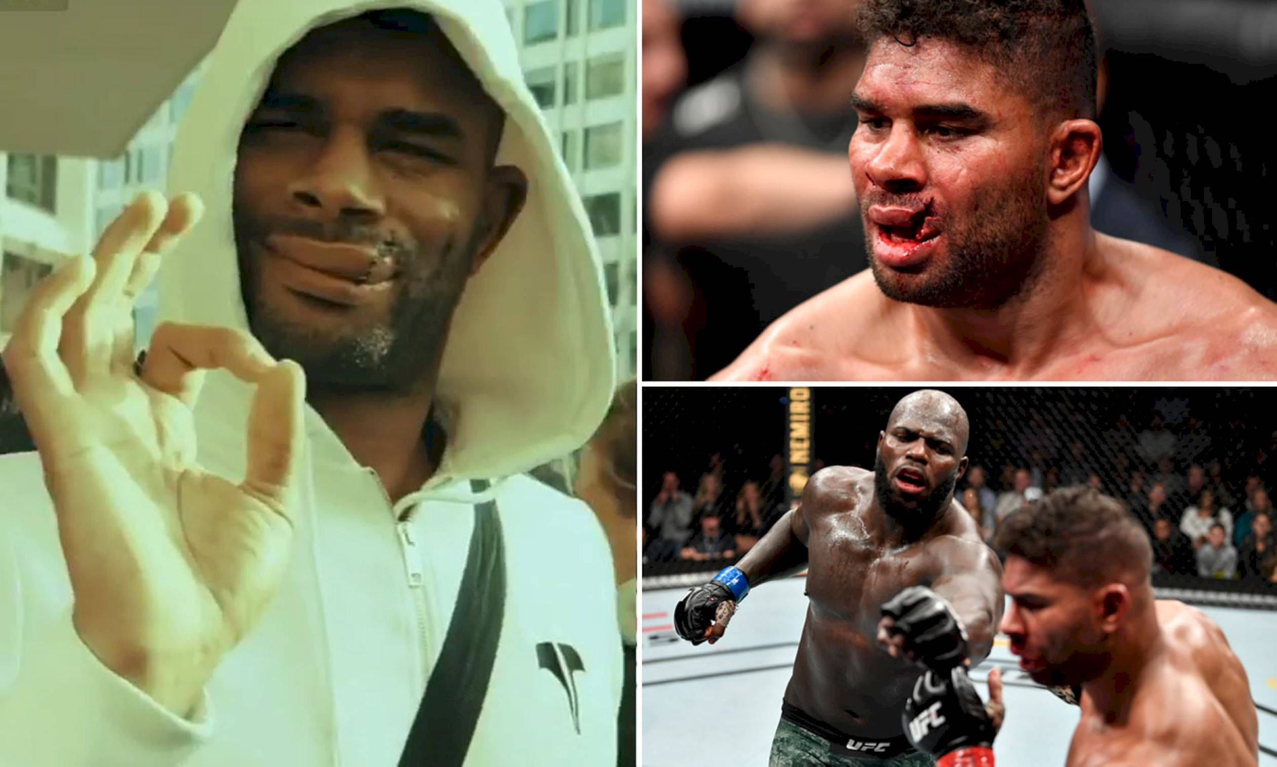 UFC 桌布 壁紙 — 三位MMA拳手在激烈時刻的拼貼：一位穿著連帽衫微笑，另一位在比賽中咆哮，第三位在八角籠中纏鬥。