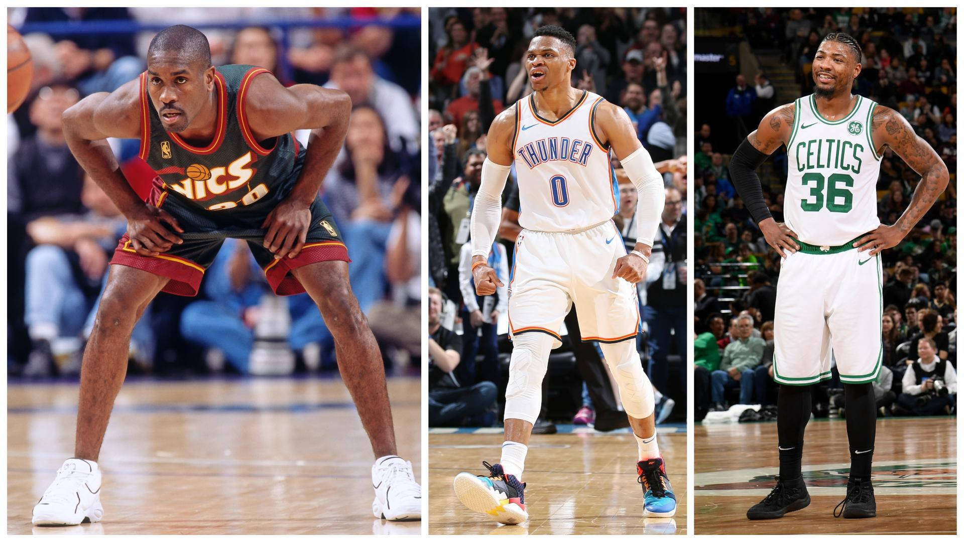 NBA 桌布 壁紙 — 三位NBA球員在硬木球場上擺出動作姿勢，背景有觀眾。