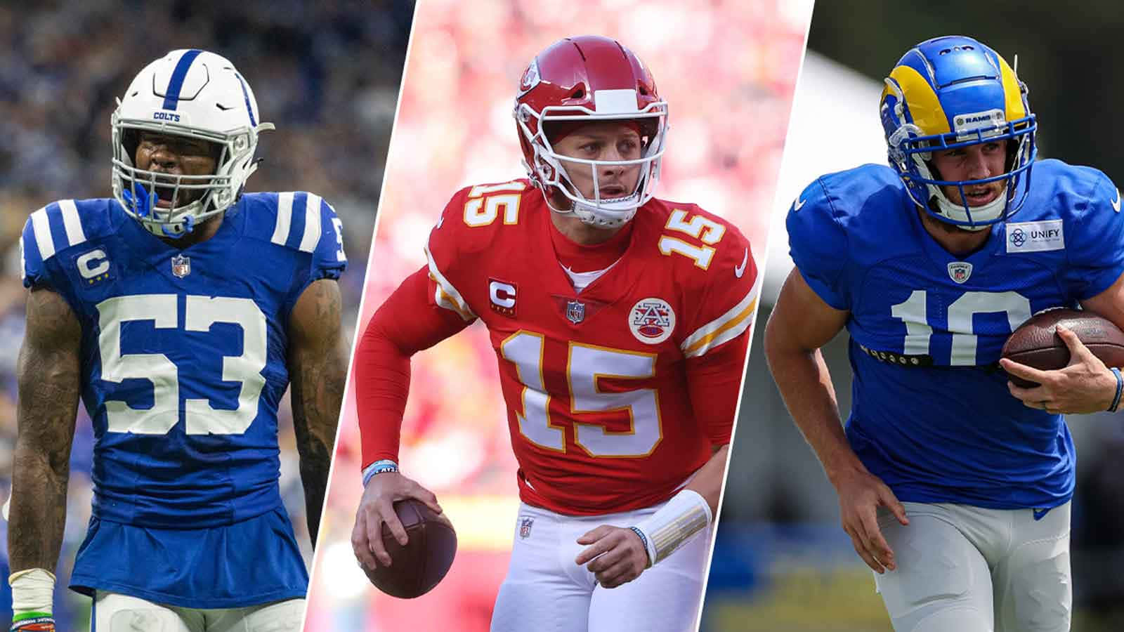 NFL 桌布 壁紙 — 三位NFL四分衛穿著球隊制服在球場上擺出動作姿勢，手持美式足球。