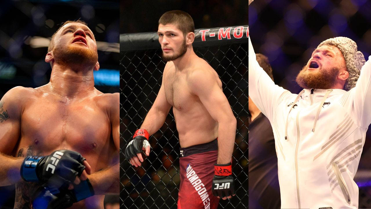 桌布 壁紙 — 三位UFC拳手在八角籠中的瞬間：疲憊的勝利、專注的姿態和勝利的慶祝。