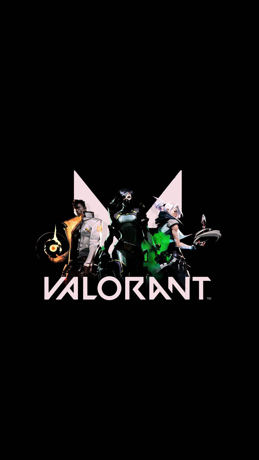 標誌 桌布 壁紙 — 三位Valorant特工以風格化姿勢站在黑色背景前，下方有遊戲標誌。
