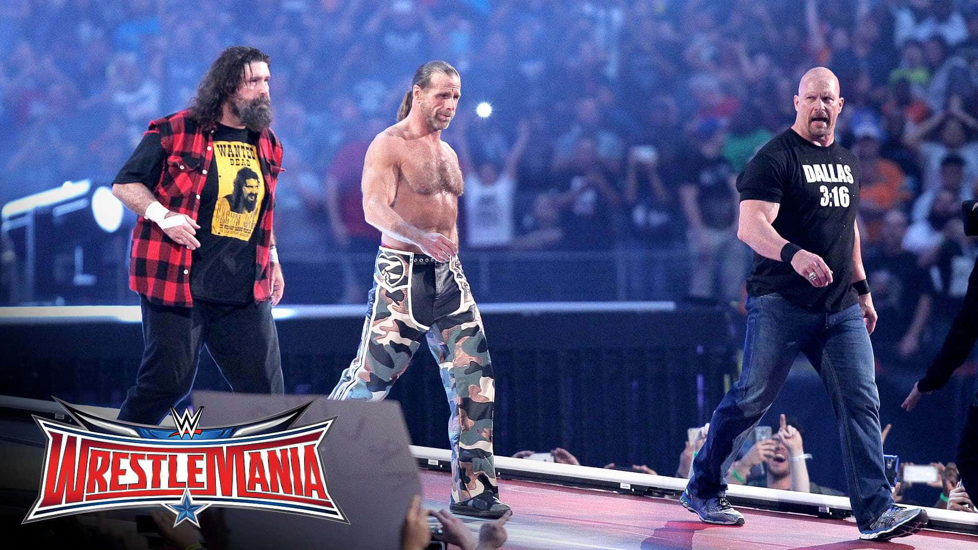 WWE 桌布 壁紙 — 三位WWE摔角手在明亮的場館燈光下，自信地走下滑道，背後是咆哮的人群。