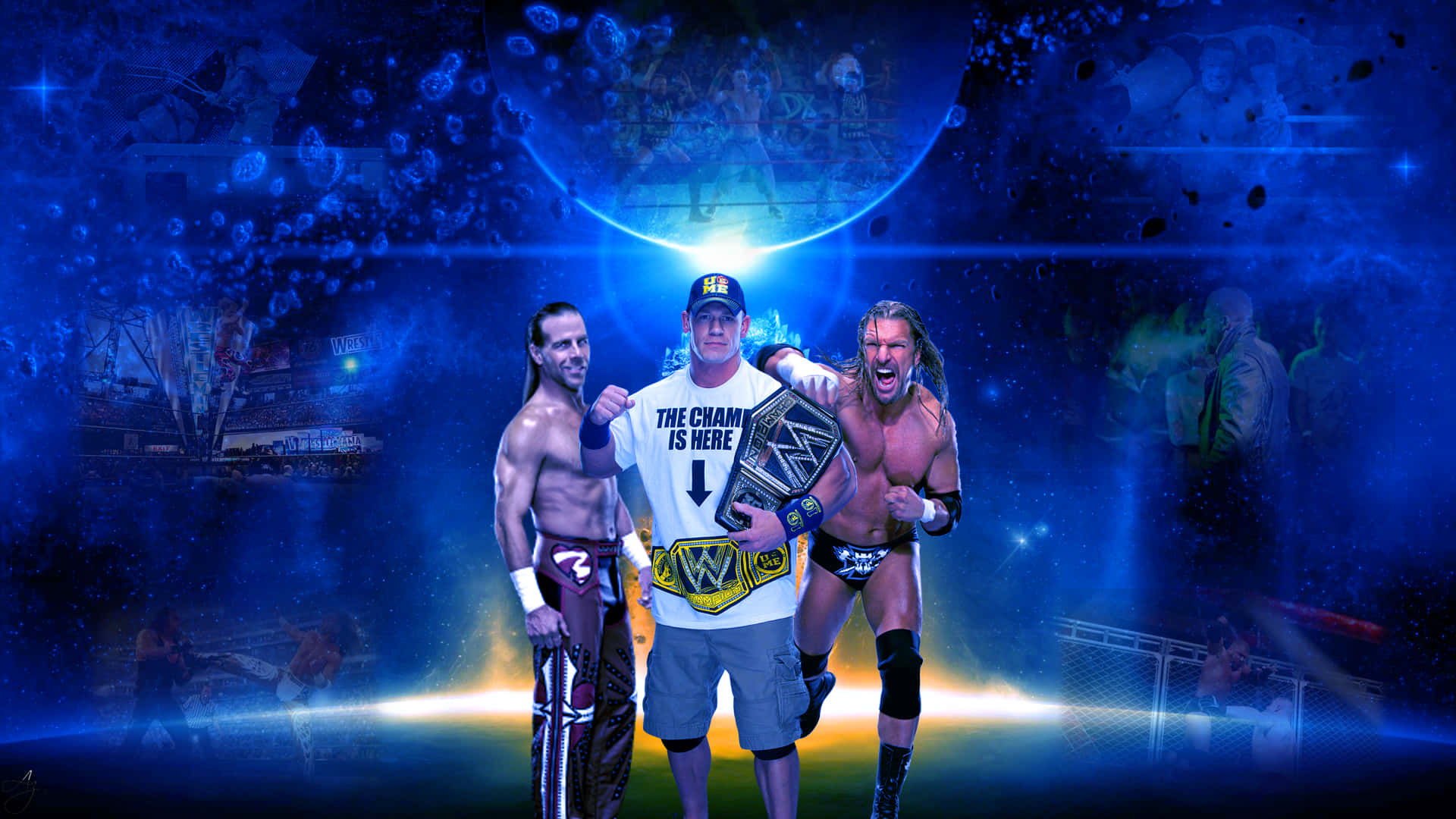 shawn michaels 桌布 壁紙 — 三位WWE摔角手在發光的藍色宇宙競技場背景下，勝利地擺出姿勢，手持冠軍腰帶。