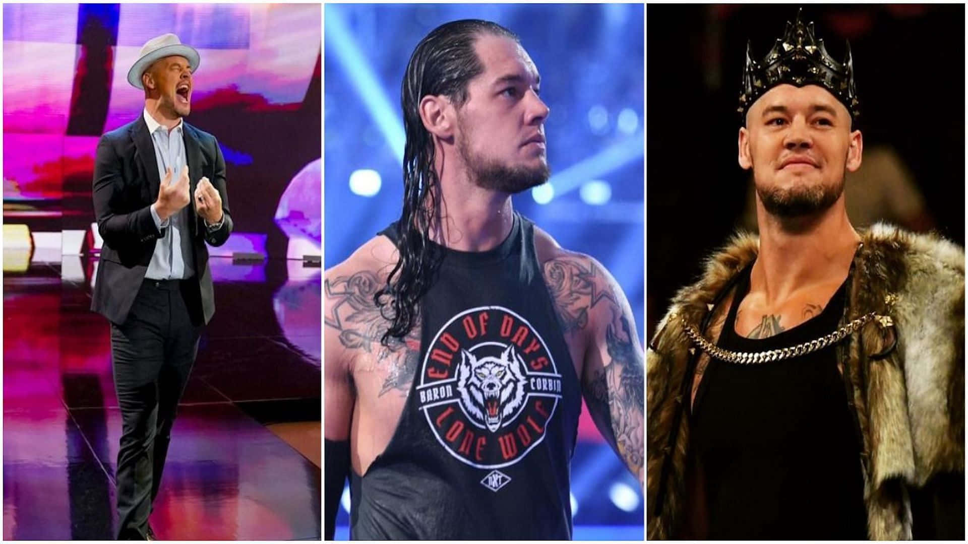 WWE 桌布 壁紙 — 三位WWE摔角手在舞台上的鮮豔燈光下擺出戲劇性的姿勢，一位穿西裝，一位穿背心並有刺青，一位戴皇冠和穿毛皮大衣。