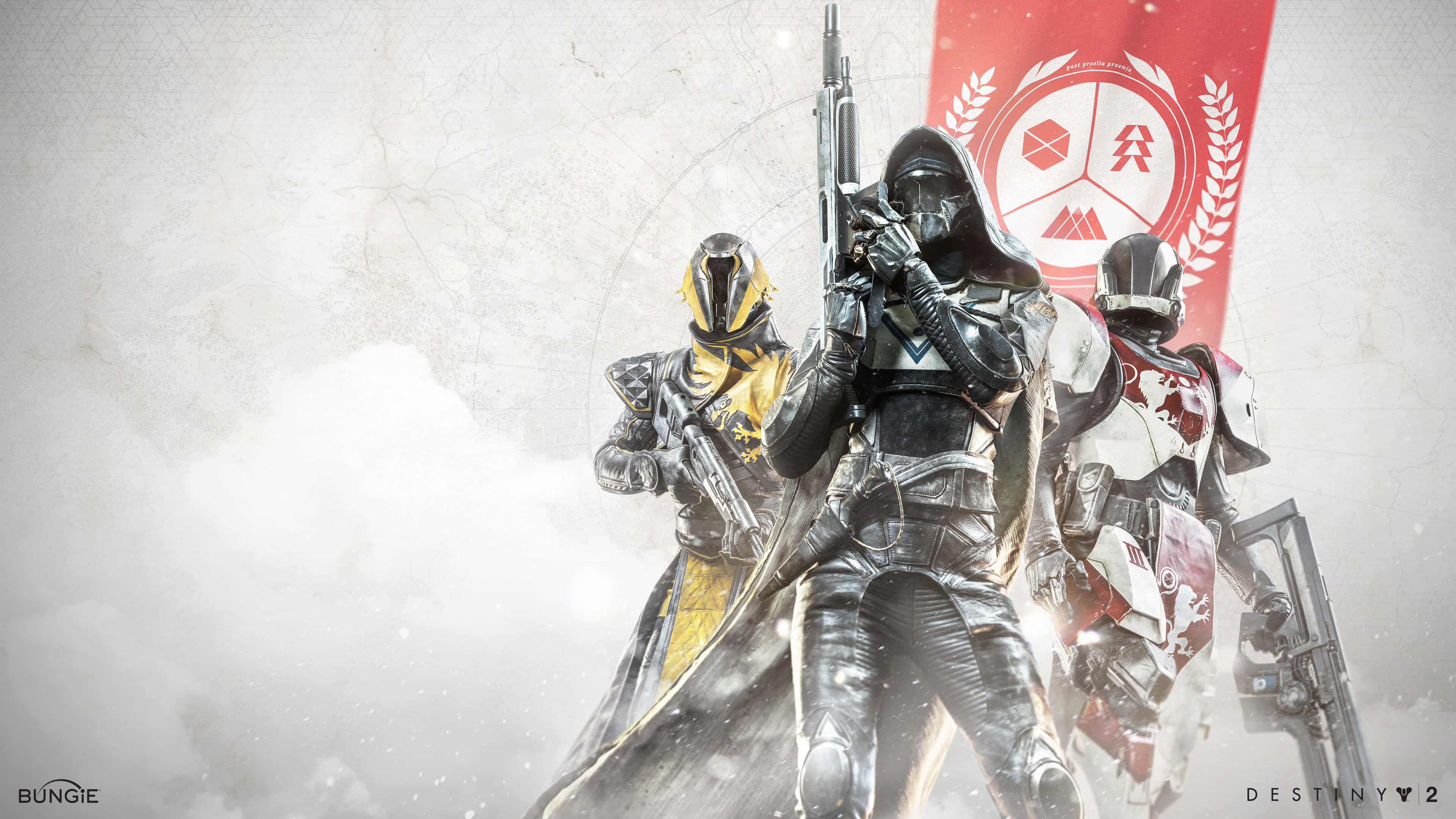 Titan Destiny 2 4K 桌布 壁紙 — 三位來自《天命2》的裝甲守護者站在迷霧戰場上，手持武器，身後有一面紅色旗幟。
