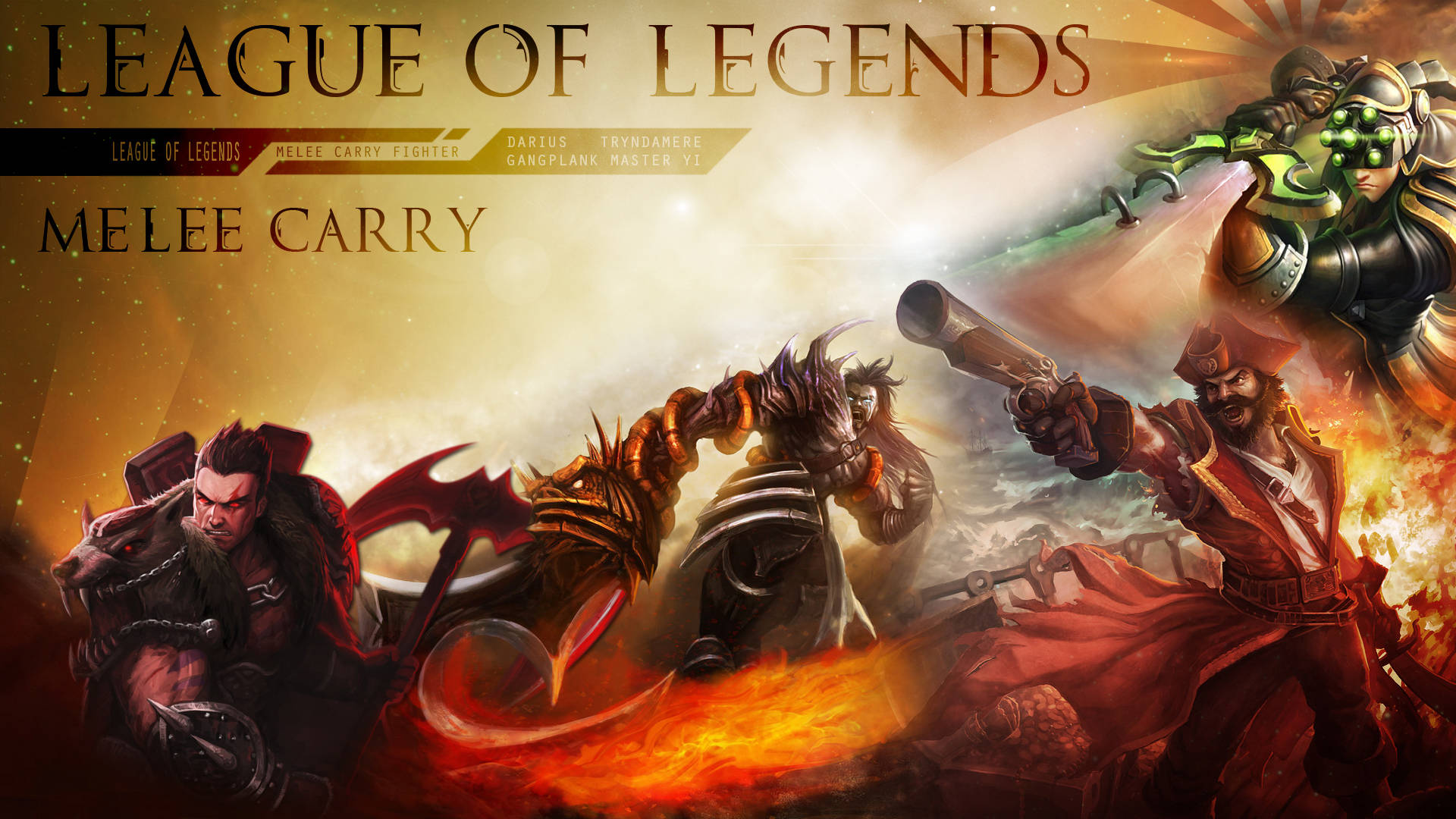Legends 桌布 壁紙 — 三位來自《英雄聯盟》的兇猛近戰戰士，在金色光芒下展開激烈的火焰戰鬥。