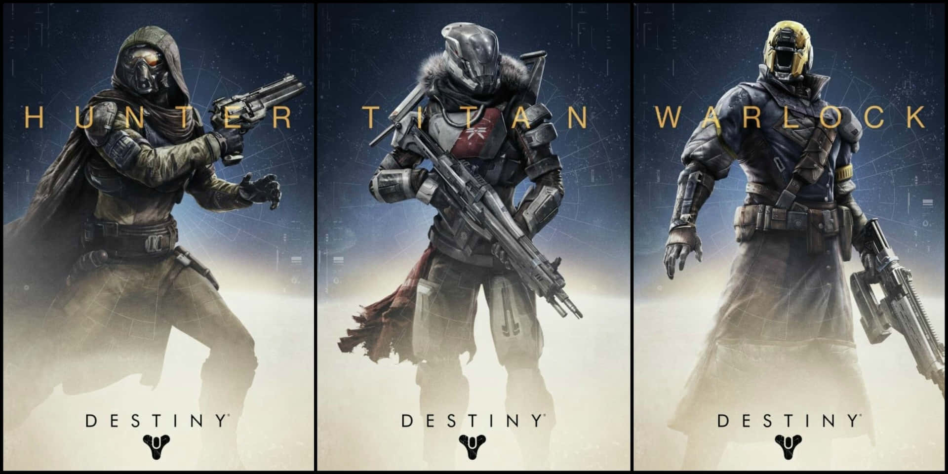 Destiny Characters 桌布 壁紙 — 三位來自Destiny的裝甲太空戰士站在迷霧般的宇宙光芒中，分別標示為Hunter、Titan或Warlock。