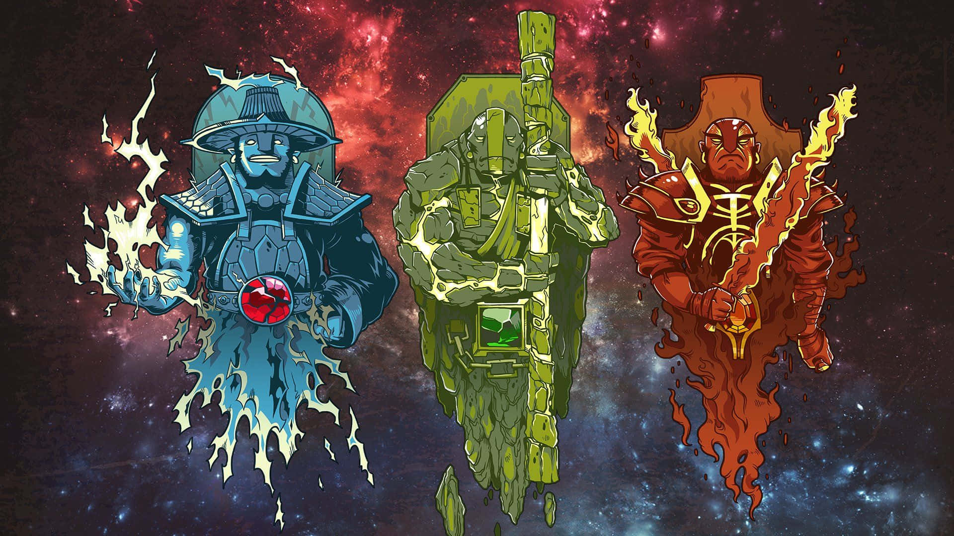 HD Dota 2 桌布 壁紙 — 三位元素戰士——冰、火、大地——佇立於宇宙空間，各自以鮮豔色彩和動態能量效果散發力量。