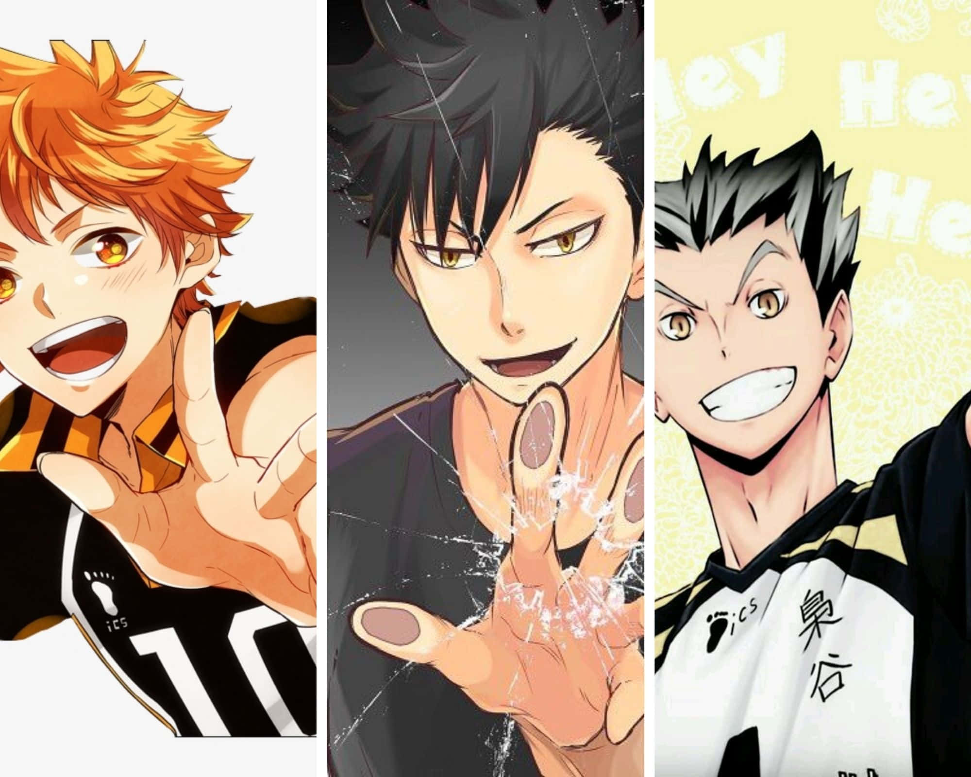 Haikyuu Captains 桌布 壁紙 — 三位充滿活力的動漫排球運動員，擺出動態姿勢，表情豐富，身穿隊服。