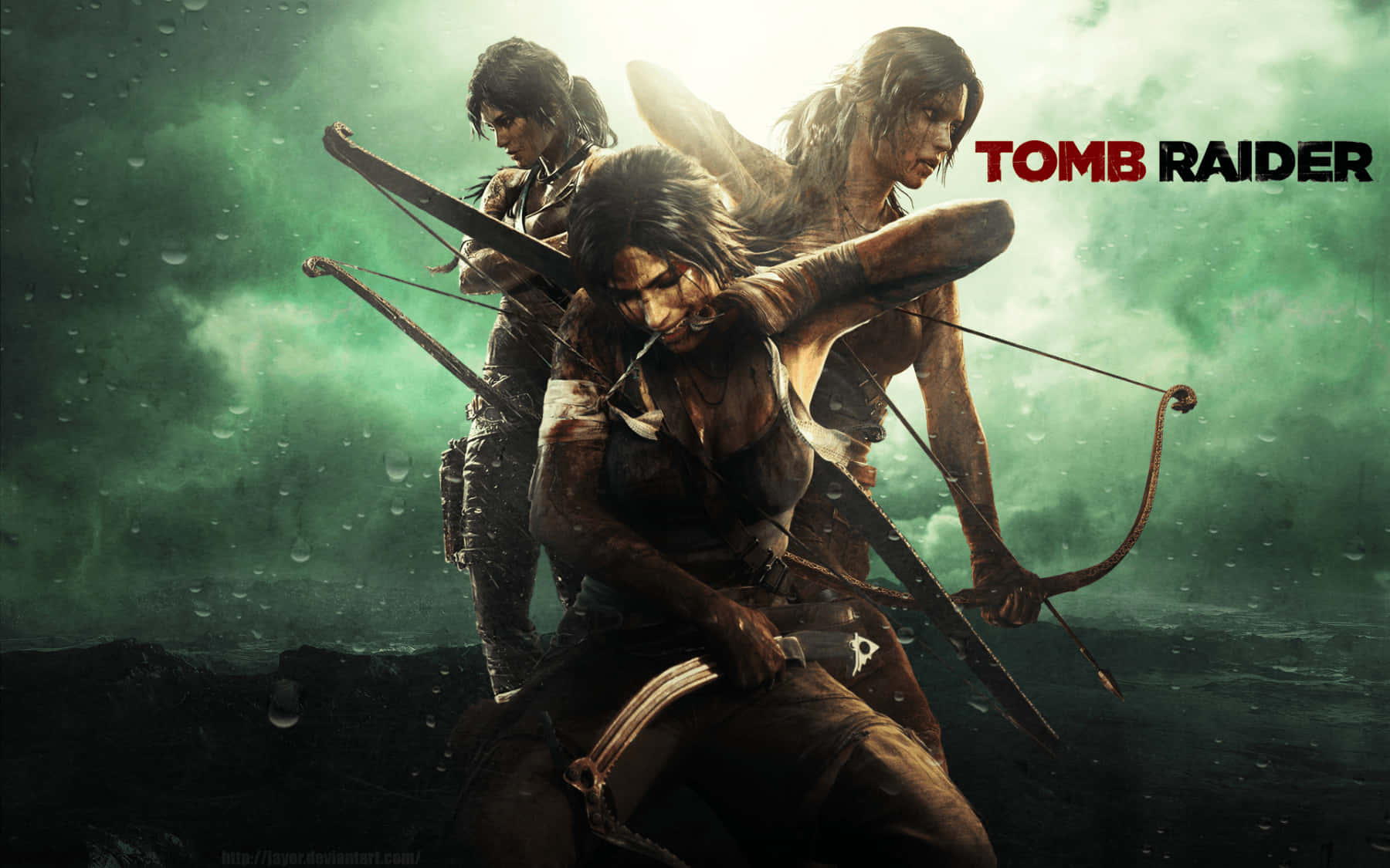 電玩遊戲 桌布 壁紙 — 三位兇猛的 Tomb Raider 戰士在暴雨中擺出戰鬥姿勢，背景是暴風雨的綠色。