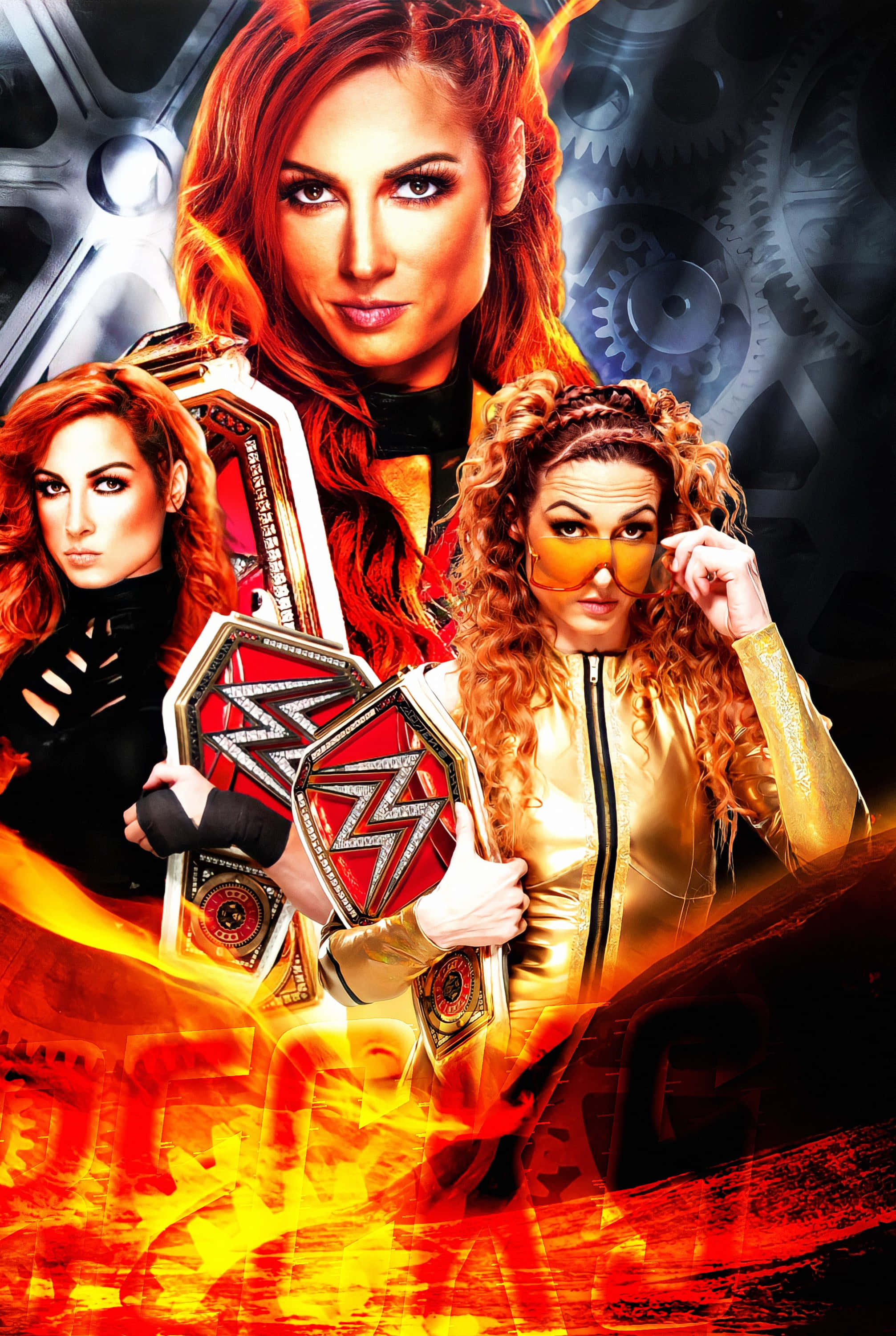 becky lynch 桌布 壁紙 — 三位兇猛的WWE女摔角手在火熱機械背景前擺姿勢，手持冠軍腰帶。