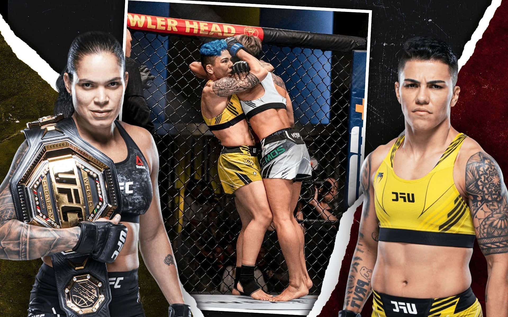 UFC 桌布 壁紙 — 三位兇猛的女MMA拳手，帶著冠軍腰帶和鐵籠格鬥動作，戲劇性地擺姿勢。