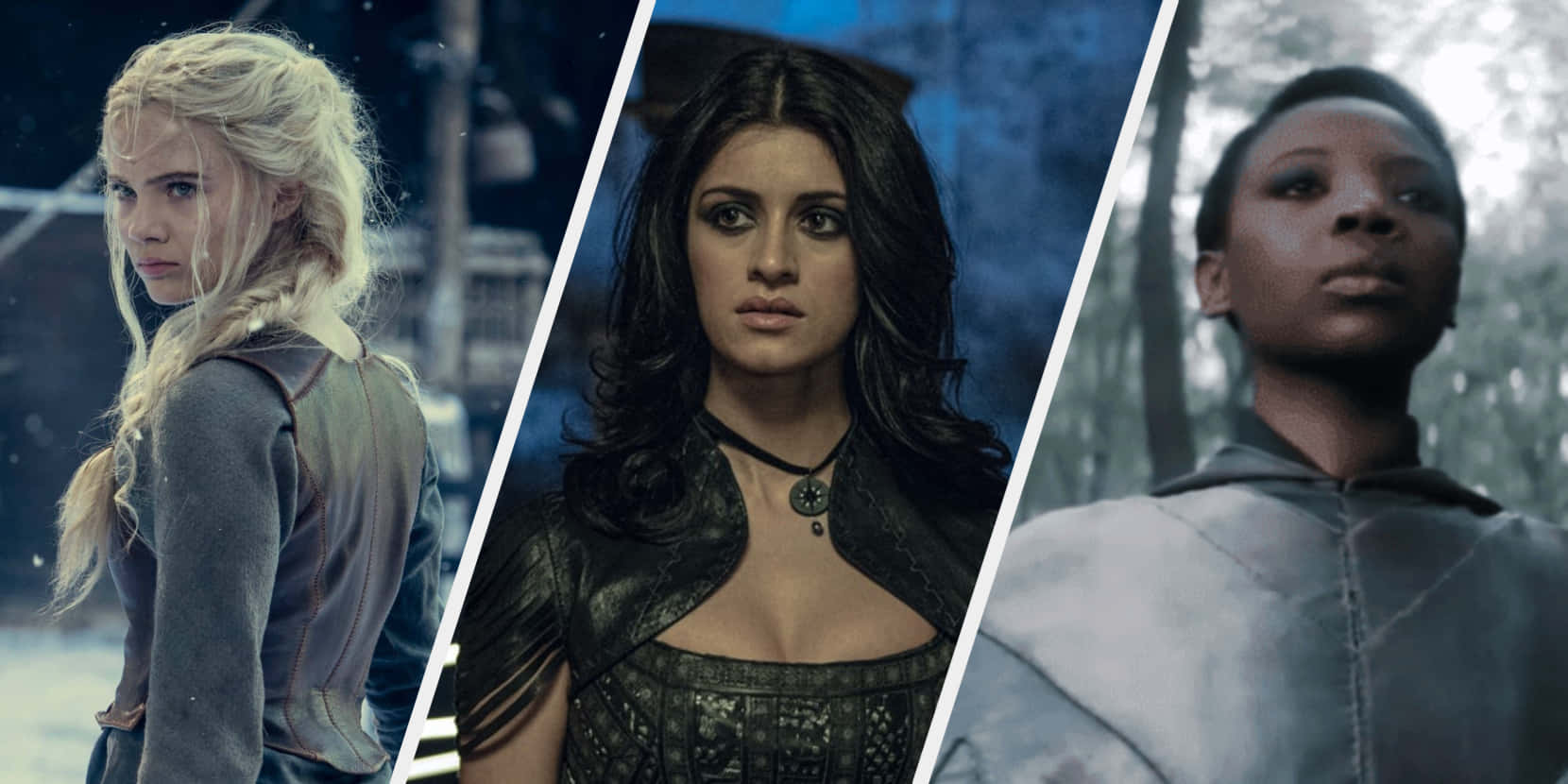 The Witcher Characters 桌布 壁紙 — 三位兇猛的女戰士在戲劇性的特寫中，各有不同的頭髮和盔甲，背景是陰鬱的雪地或森林。