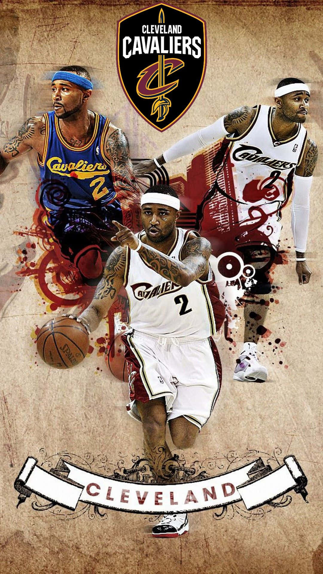 NBA 桌布 壁紙 — 三位克里夫蘭騎士隊籃球運動員在紋理背景上以動作姿勢呈現，帶有潑漆效果和球隊標誌。
