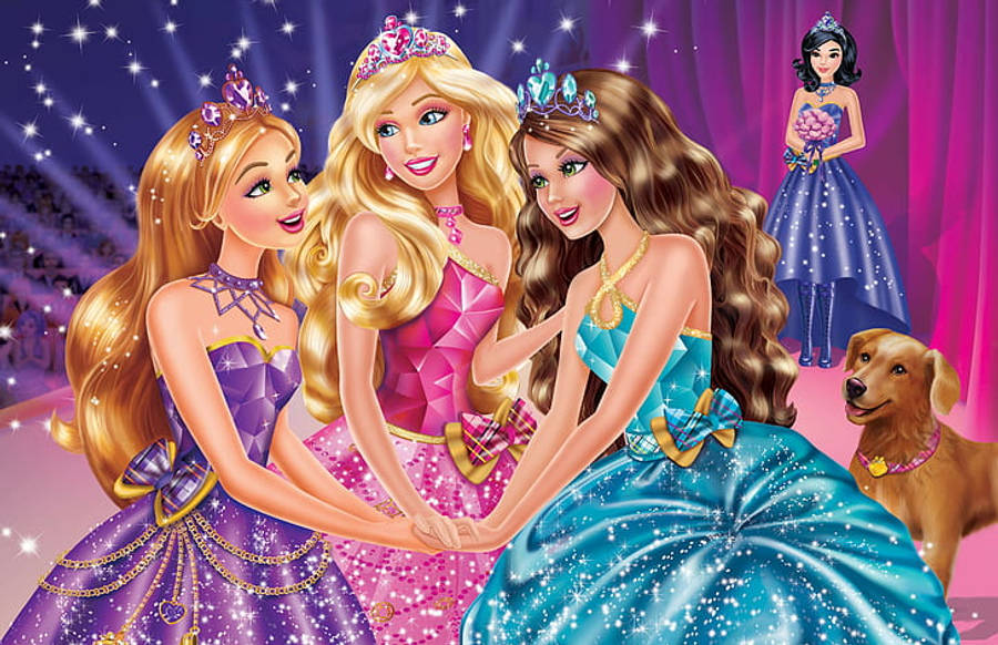 Princess 桌布 壁紙 — 三位公主穿著閃閃發光的禮服，在星光下牽手，背景中有一隻狗和另一個女孩。