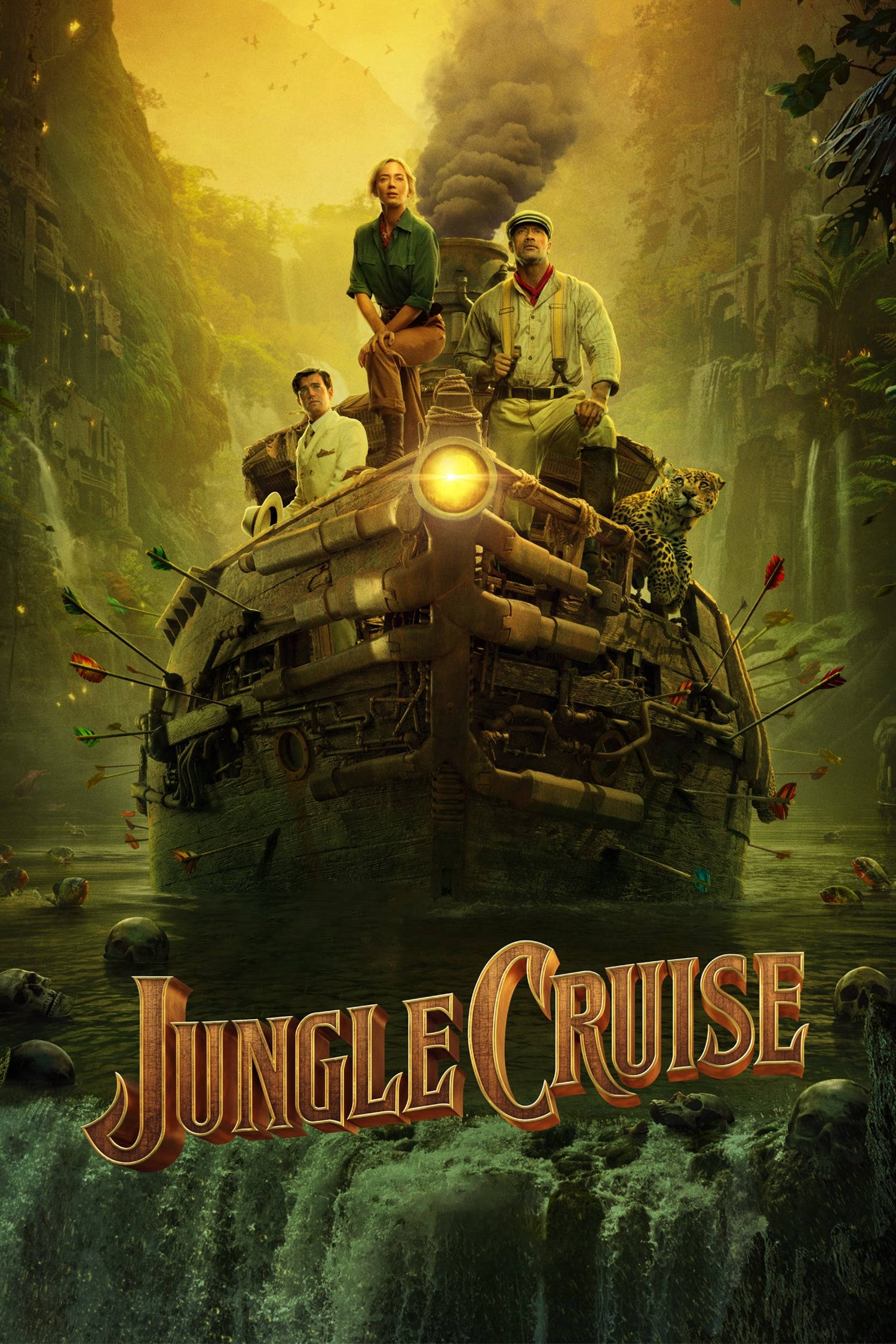 Jungle Cruise 桌布 壁紙 — 三位冒險家和一隻美洲虎乘坐蒸氣船穿過迷霧叢林峽谷，其中有瀑布和頭骨。