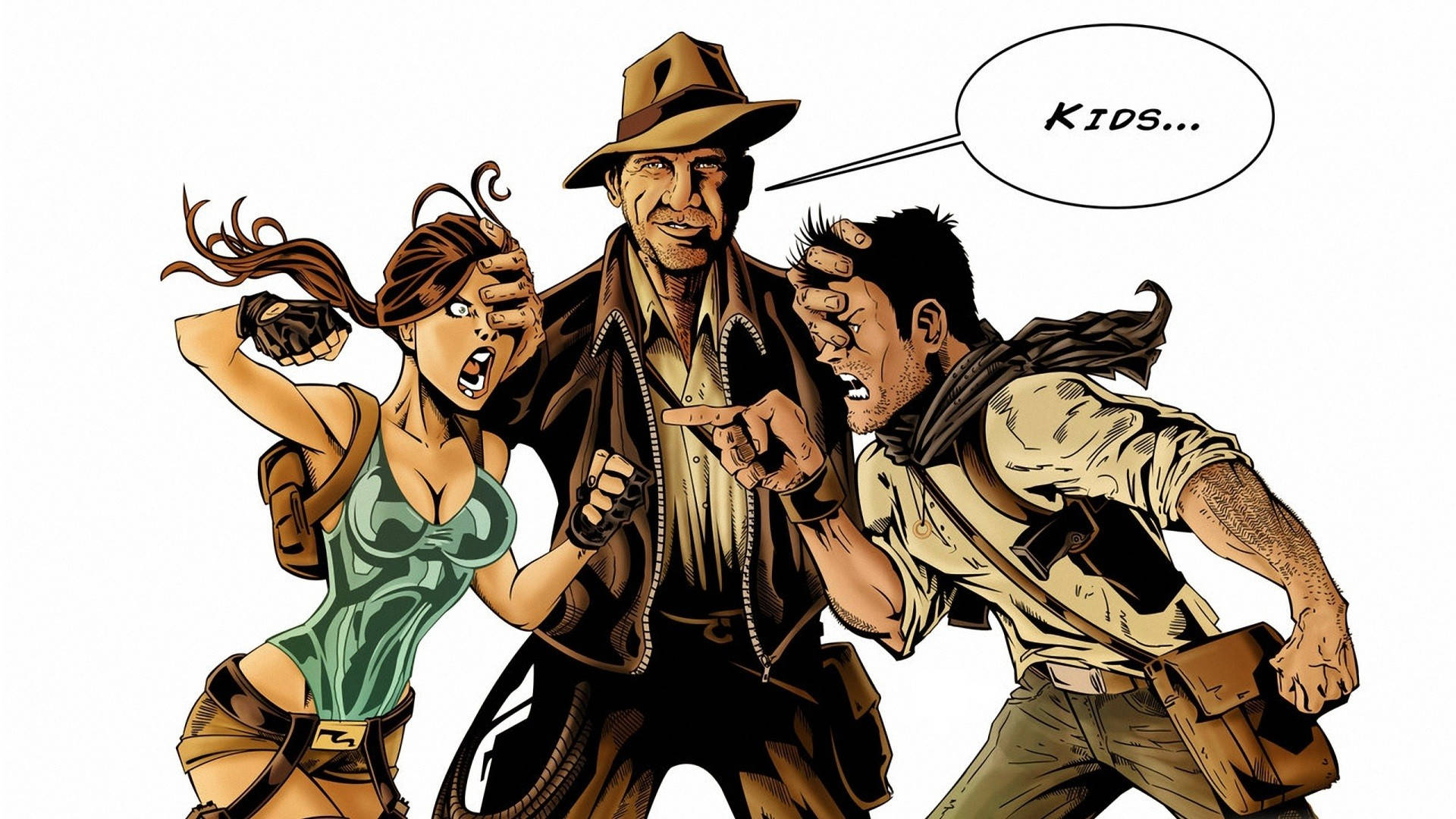 Indiana Jones 桌布 壁紙 — 三位冒險探索者擺出動作姿勢，並帶有說「孩子們」的對話氣泡