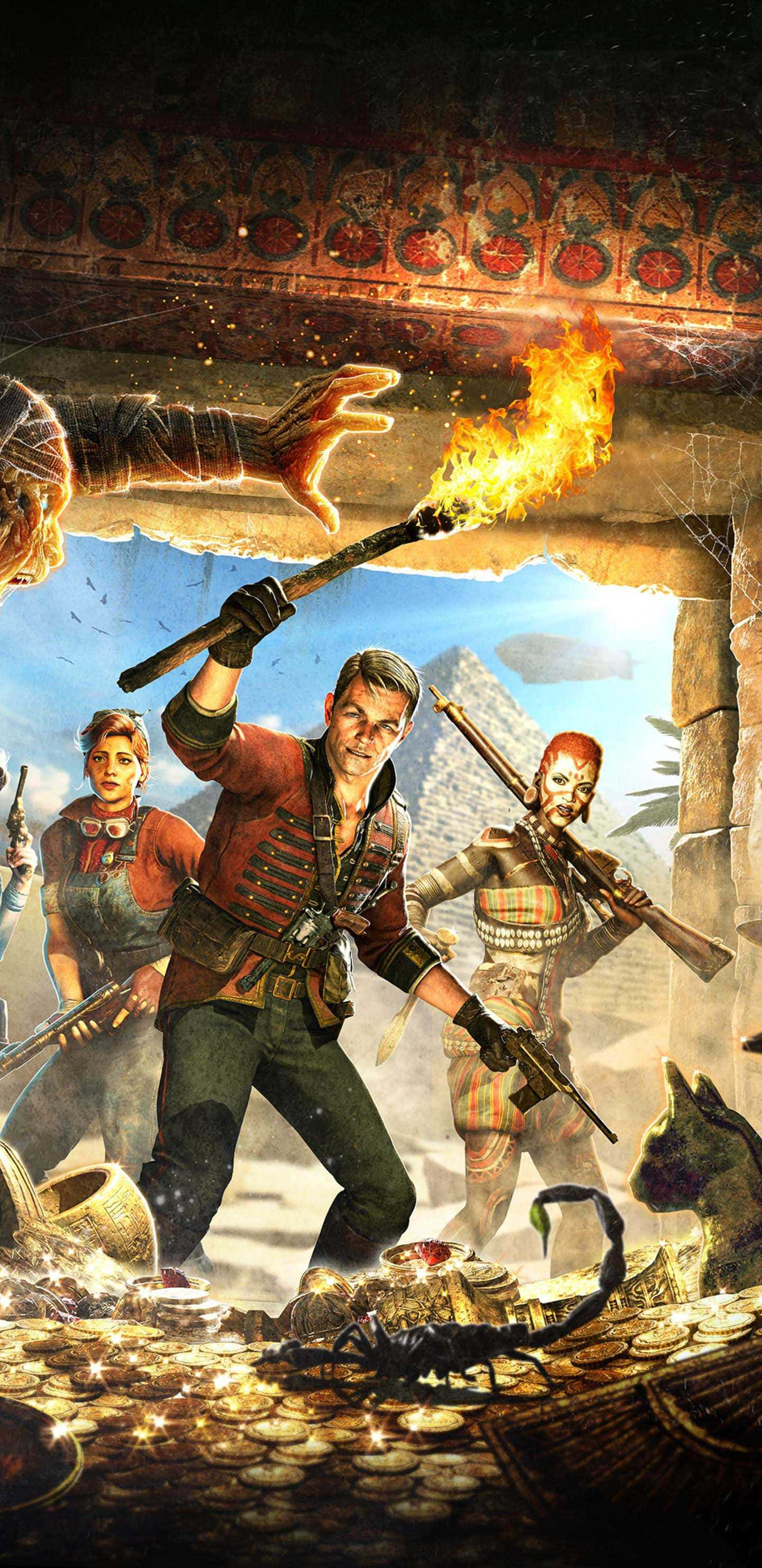 Android Strange Brigade 桌布 壁紙 — 三位冒險者在古埃及墓穴中手持武器和火炬，一隻巨手從上方伸下。