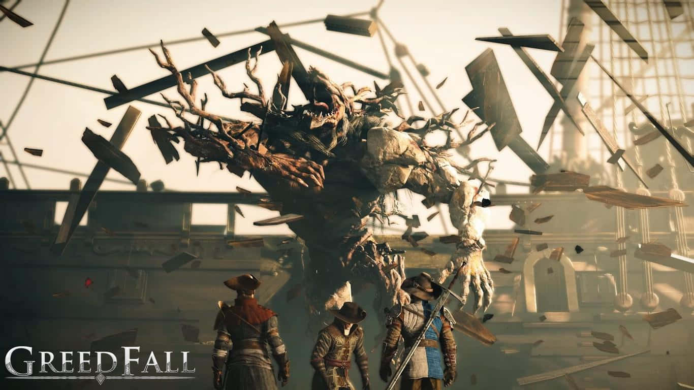 1366x768 Greedfall 桌布 壁紙 — 三位冒險者在破碎的船隻殘骸中，面對一個巨大的樹狀怪物，上演一場戲劇性的奇幻戰鬥場景。