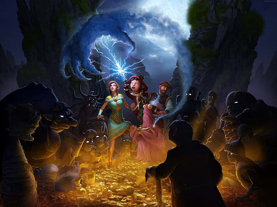 Fairy Tale 桌布 壁紙 — 三位冒險者站在一個充滿金幣的洞穴中，藍色閃電風暴在他們上方爆發。
