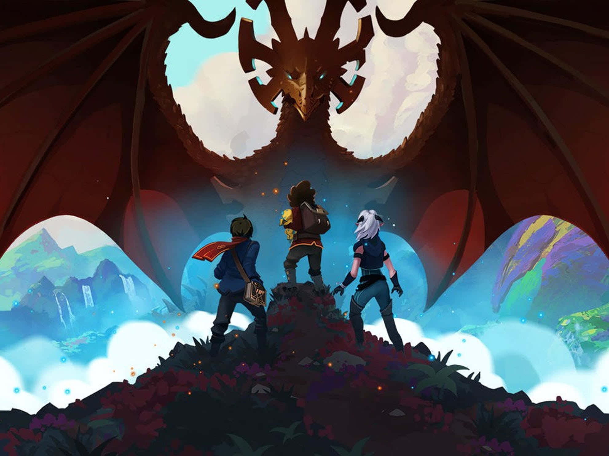 The Dragon Prince 桌布 壁紙 — 三位冒險者站在懸崖上，面對著一隻眼睛發光的巨大龍，背景是超現實的山脈。