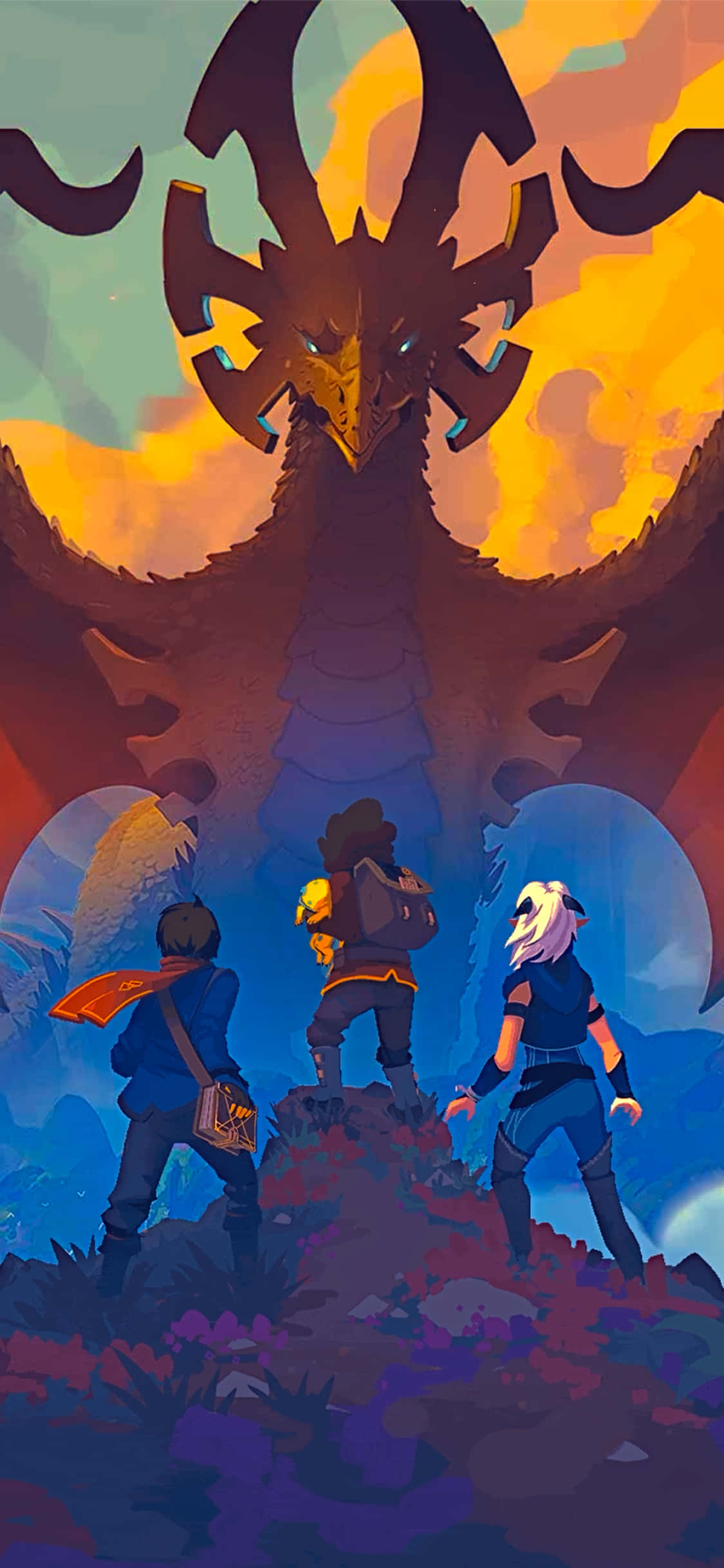 The Dragon Prince 桌布 壁紙 — 三位冒險者站在懸崖上，面對著一頭巨大的火焰巨龍，背景是充滿活力的日落天空。