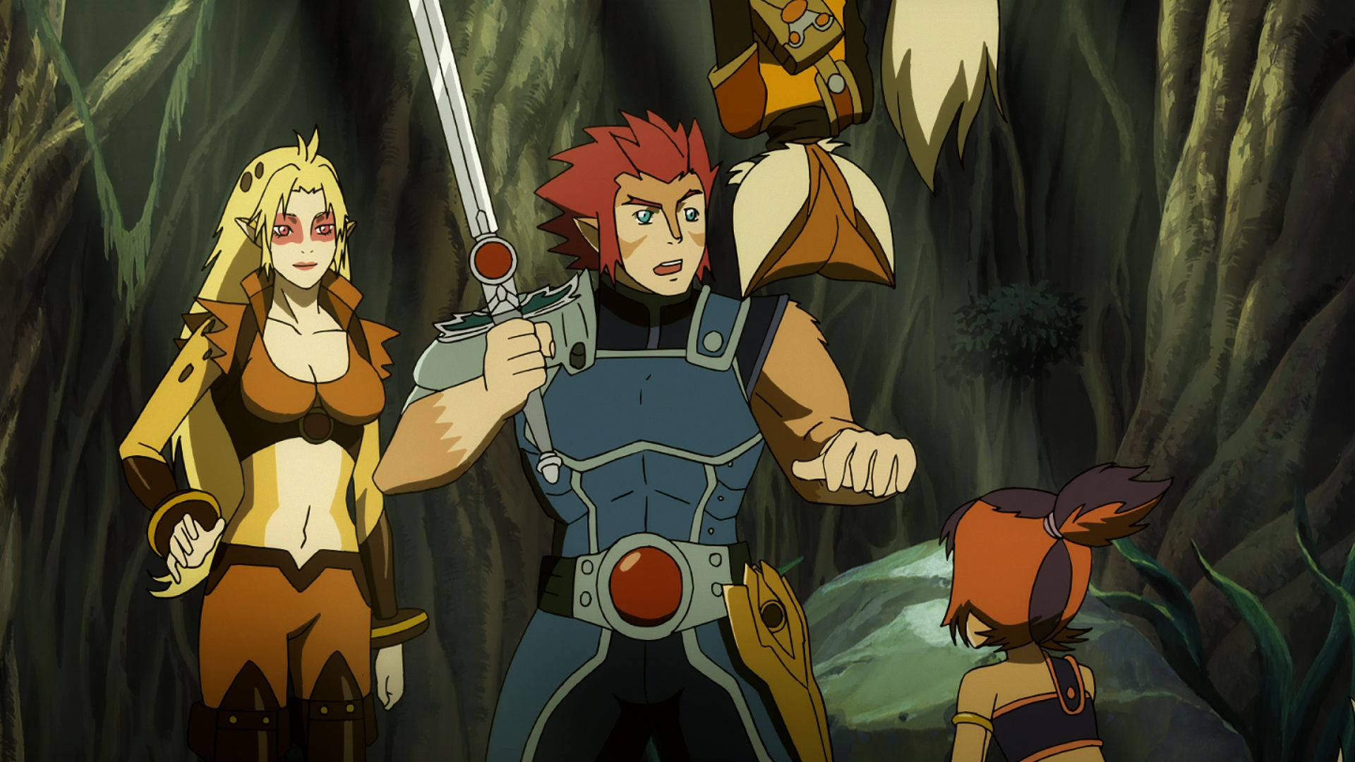 Thundercats 桌布 壁紙 — 三位動漫冒險者在陰暗潮濕的洞穴中保持警覺，其中一人揮舞著劍。