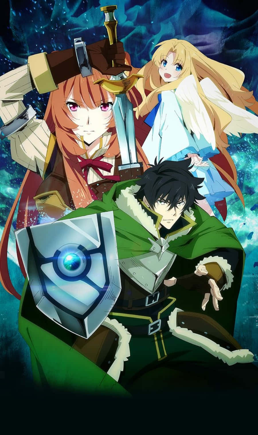 Shield Hero 桌布 壁紙 — 三位動漫冒險者手持劍盾，眼睛發光，準備好對抗宇宙星空背景。