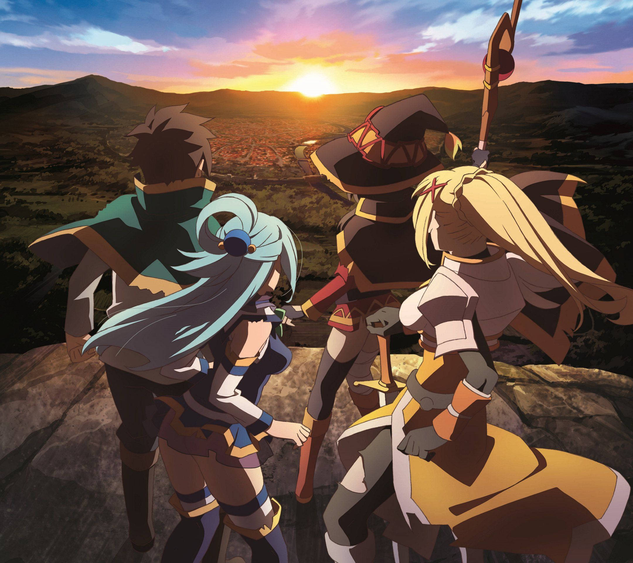 Konosuba 桌布 壁紙 — 三位動漫冒險者站在懸崖頂上，觀看壯麗的日落映照著廣闊的山谷小鎮。