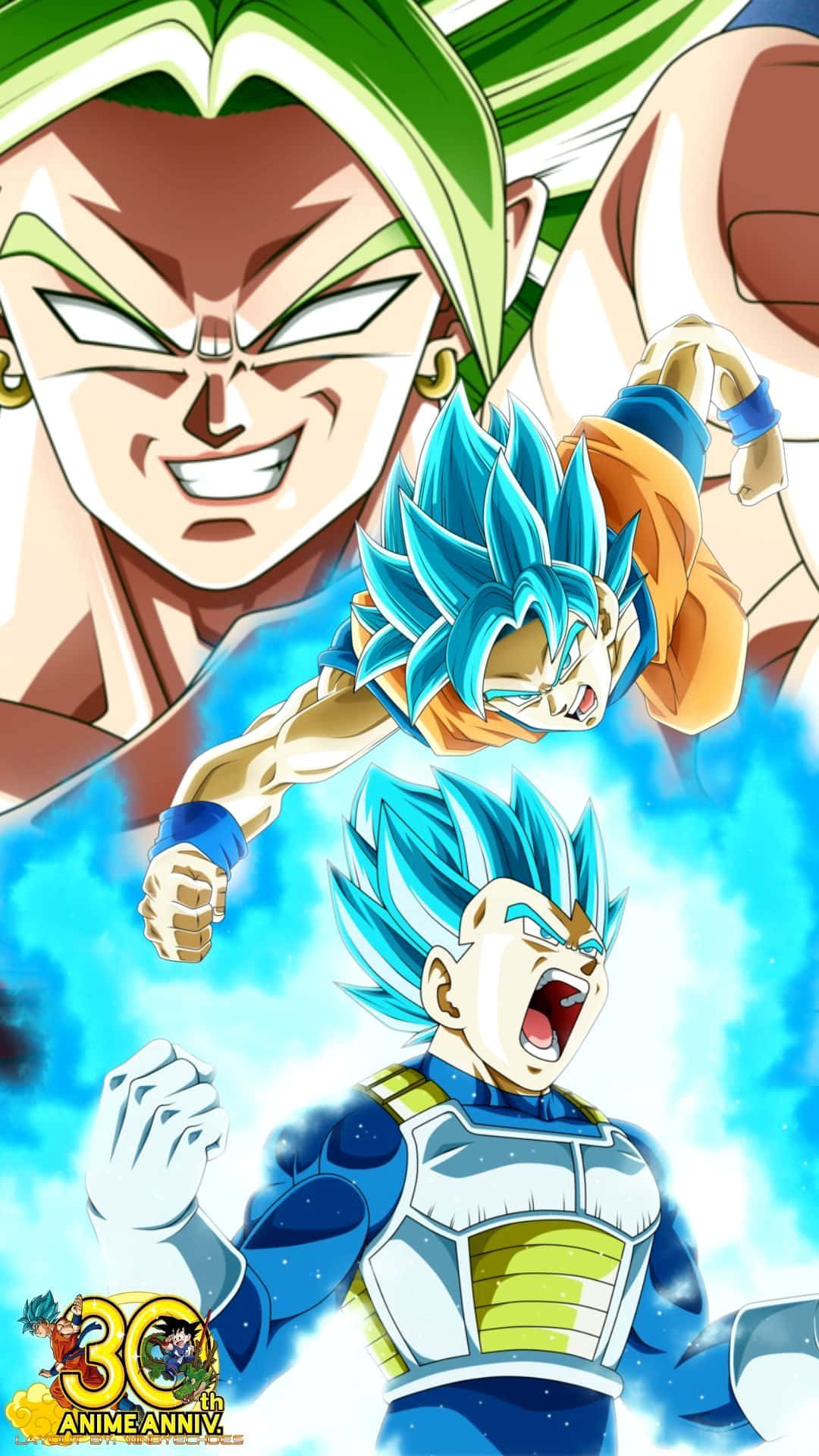 Goku And Vegeta 桌布 壁紙 — 三位動漫戰士，擁有尖刺的藍色頭髮和強烈的表情，在發光的藍色能量場中翱翔。