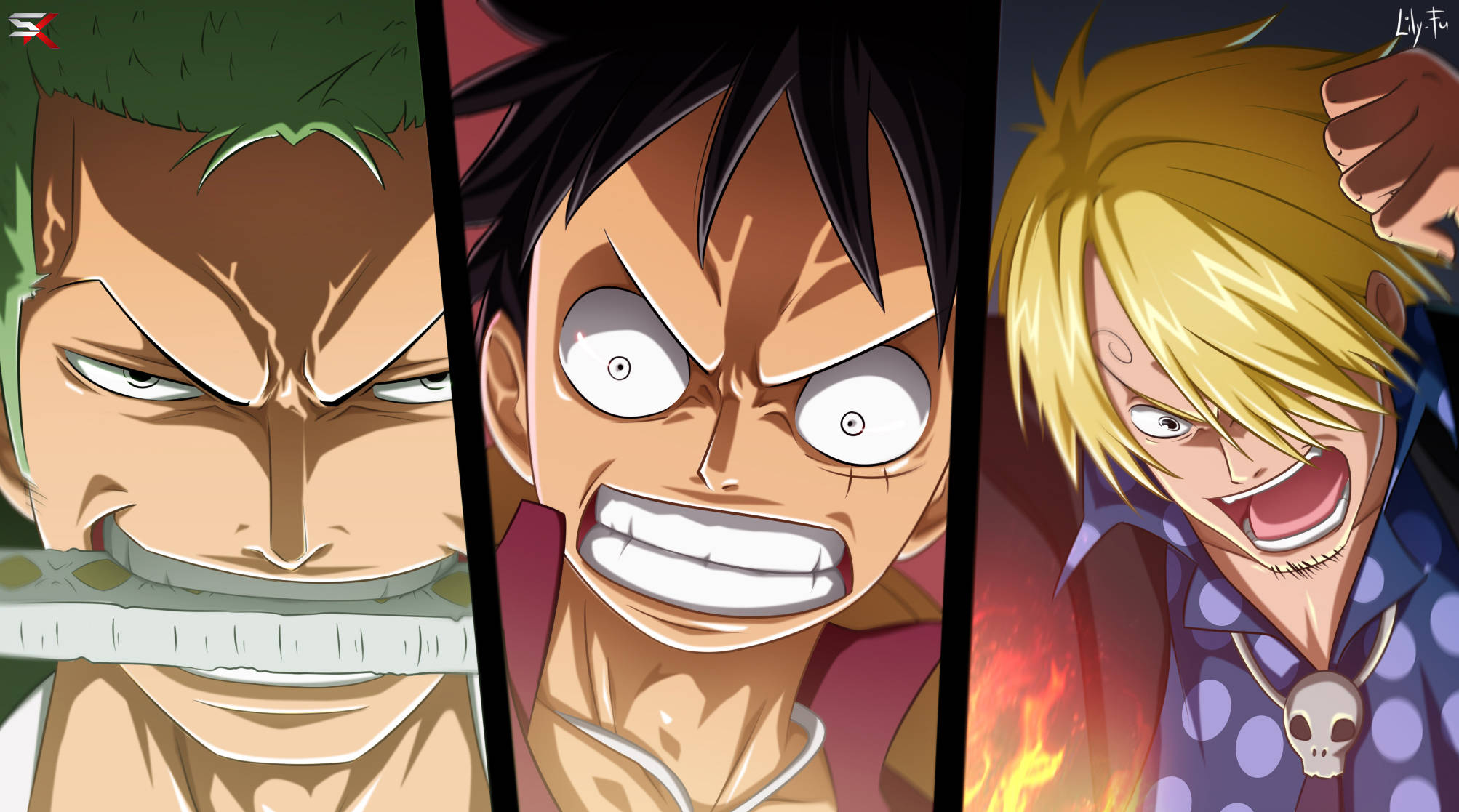 Sanji 桌布 壁紙 — 三位動漫戰士，表情兇猛，姿勢動感，背景火熱。