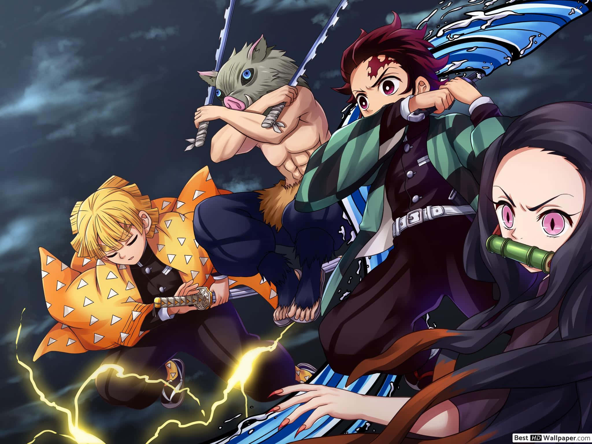 Demon Slayer Group 桌布 壁紙 — 三位動漫戰士以動態戰鬥姿勢，在帶有閃電和水效果的暴風雨天空背景下。
