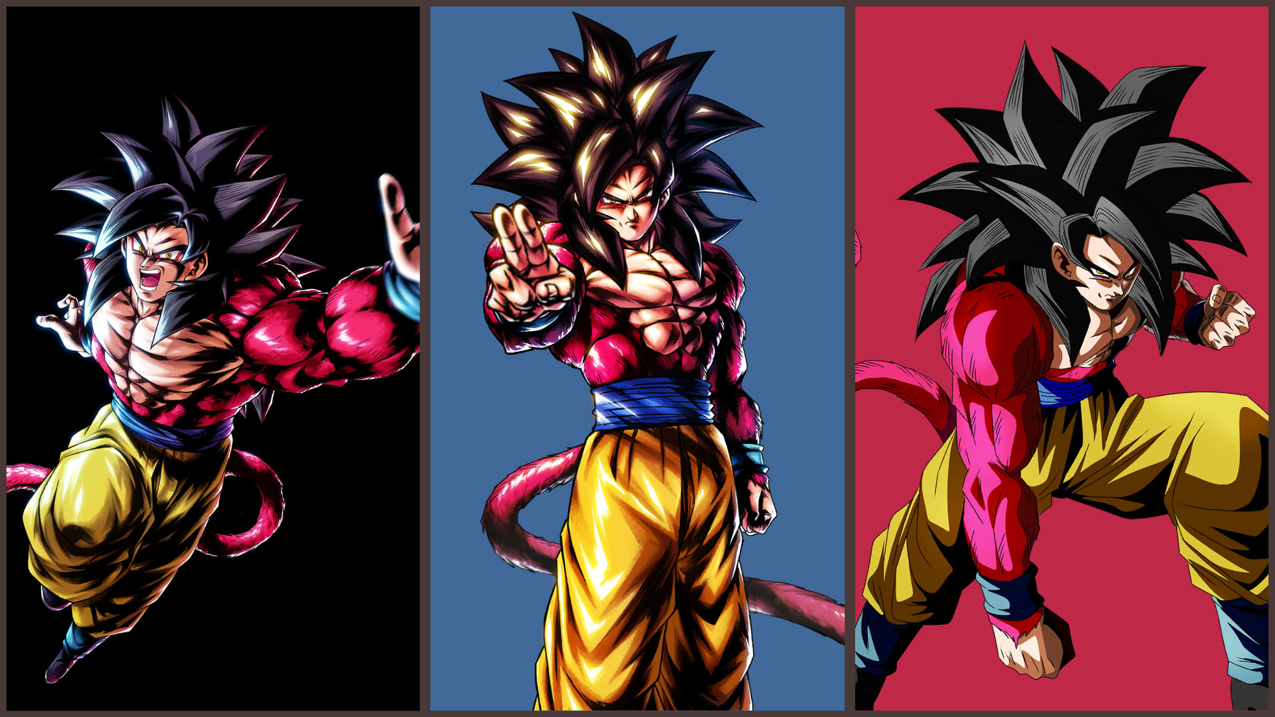Goku Super Saiyan 4 桌布 壁紙 — 三位動漫戰士以強而有力的姿勢，在黑色、藍色和紅色背景前展示肌肉發達的體格和尖刺頭髮。