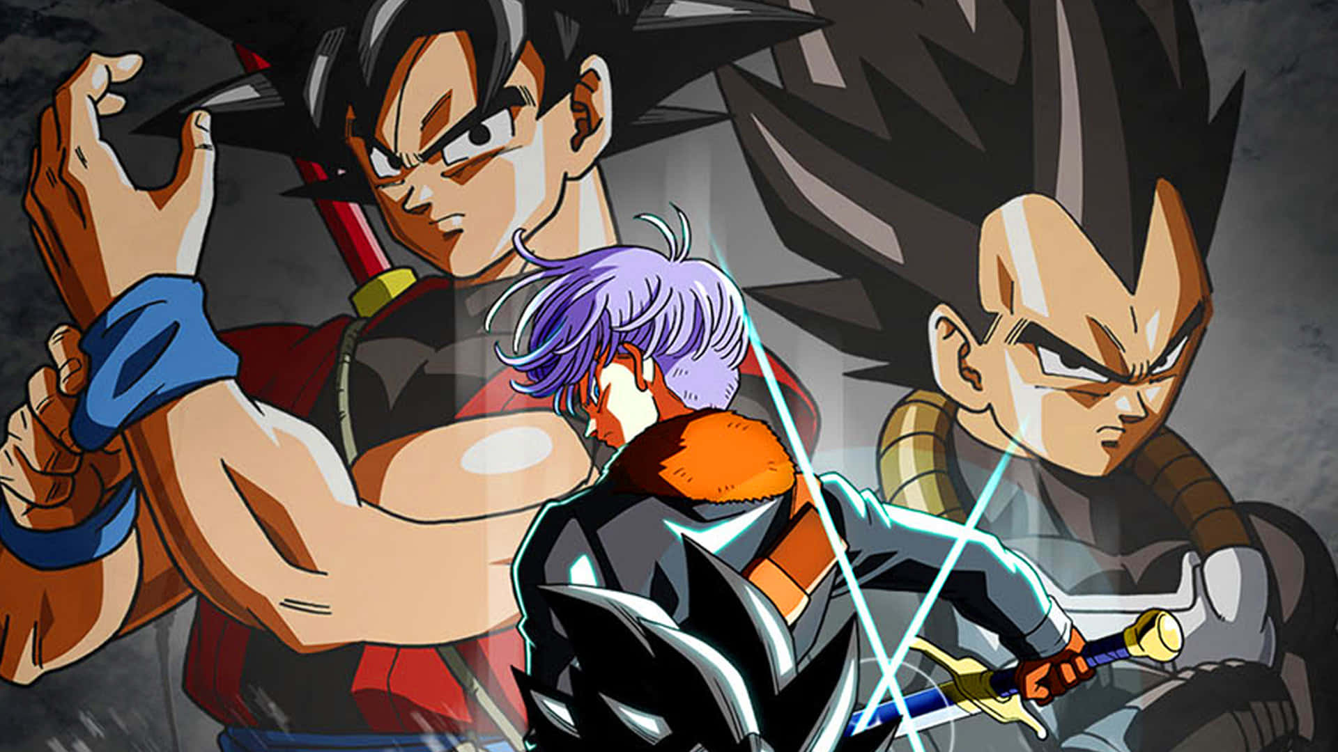 Dragon Ball Super Games 桌布 壁紙 — 三位動漫戰士在動態戰鬥場景中碰撞，手持發光劍，表情激烈。