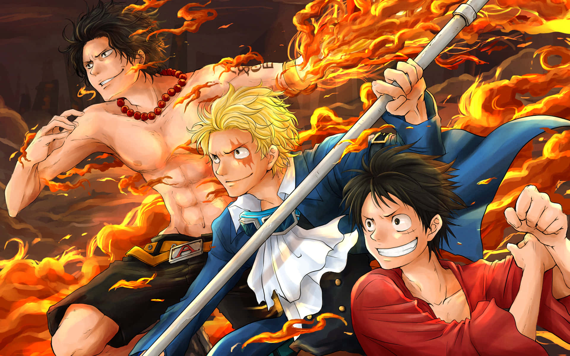 One Piece Characters 桌布 壁紙 — 三位動漫戰士在咆哮的火焰中戰鬥，表情激烈，姿勢動感。