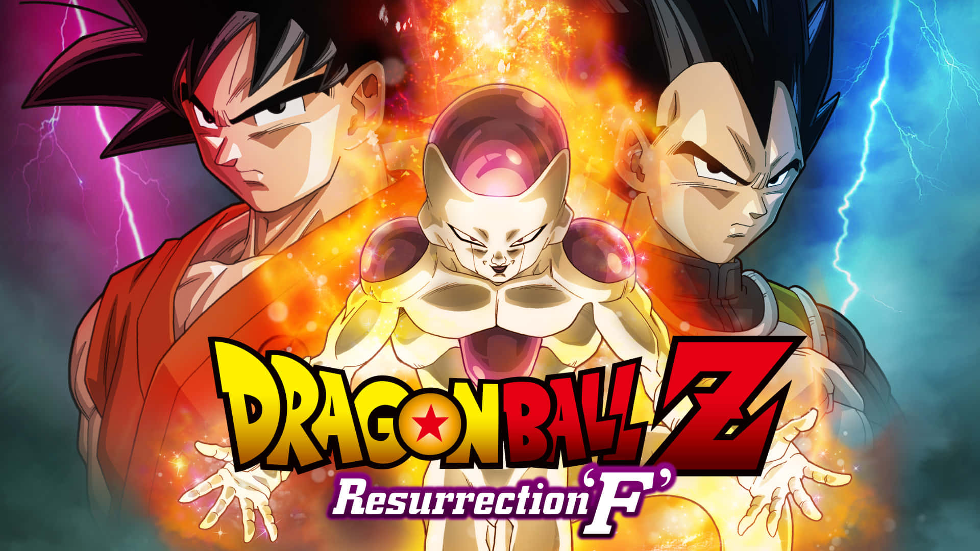 Resurrection F 桌布 壁紙 — 三位動漫戰士在戲劇性的龍珠Z戰鬥場景中，以熾熱的能量和閃電對峙。