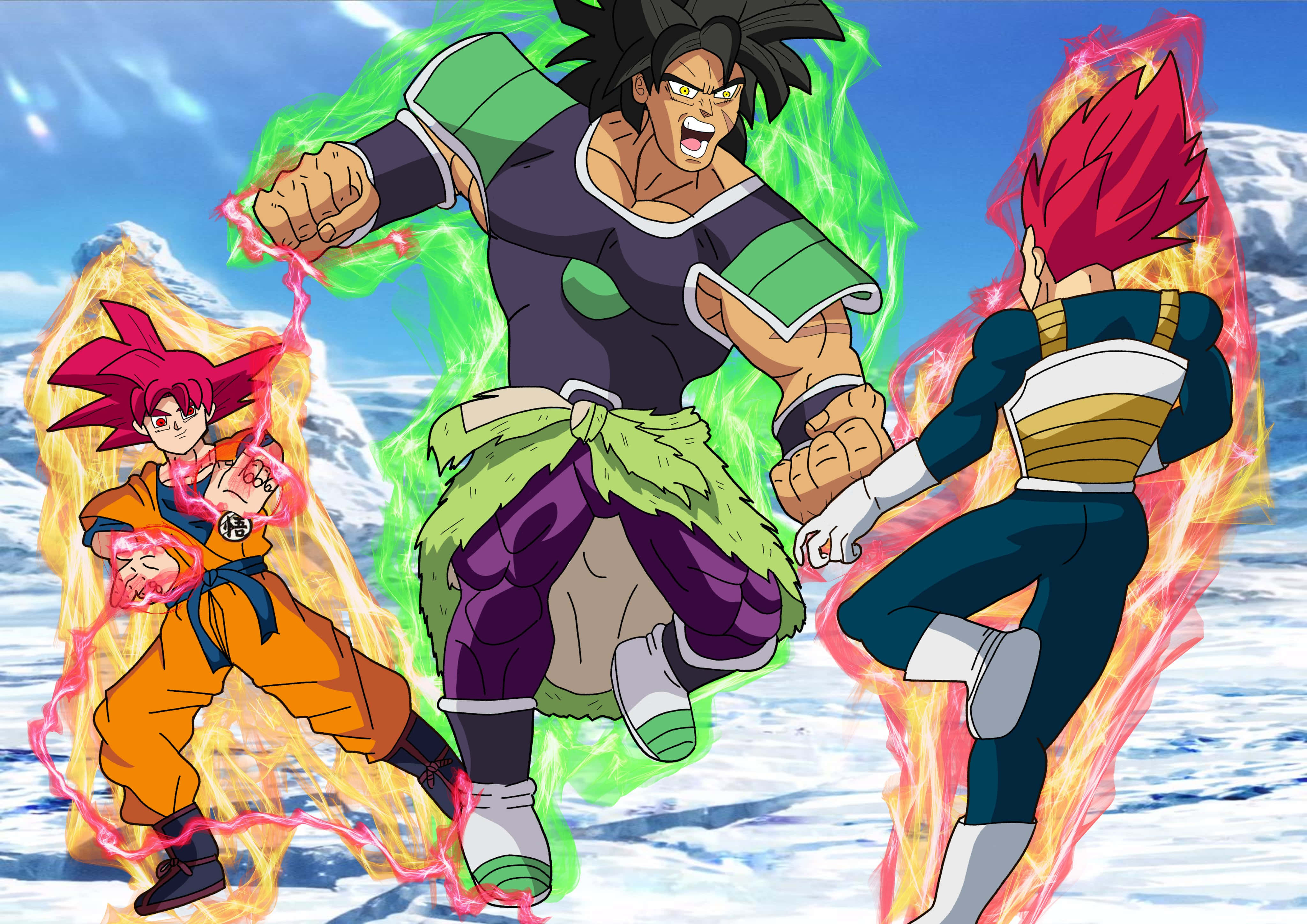 Vegeta And Broly 桌布 壁紙 — 三位動漫戰士在明亮的藍天下，於雪山上展開戰鬥，釋放出發光的能量衝擊波。
