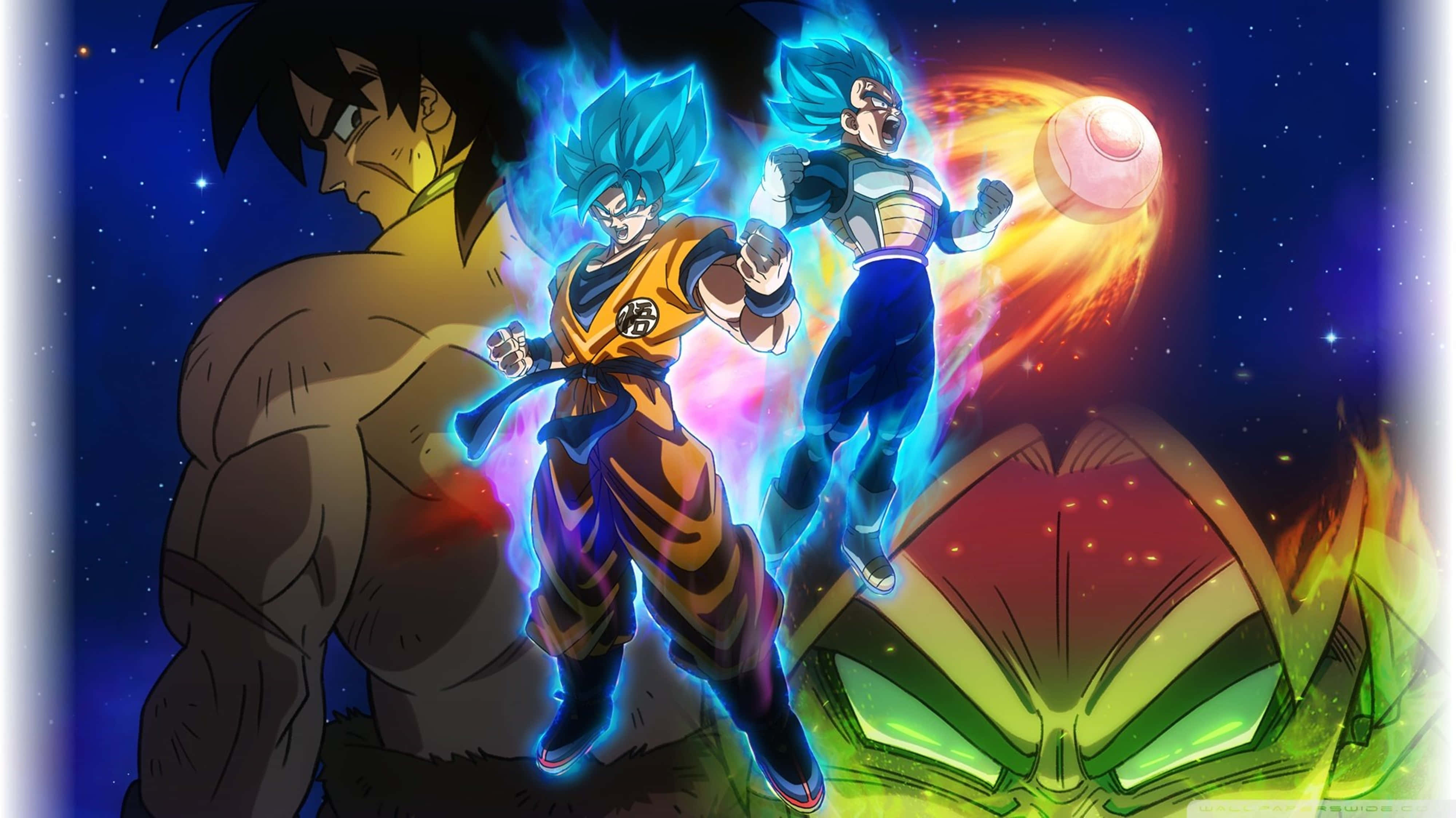 Broly 4K 桌布 壁紙 — 三位動漫戰士在星空宇宙背景下散發藍色能量，其中一人釋放出熾熱的能量球。