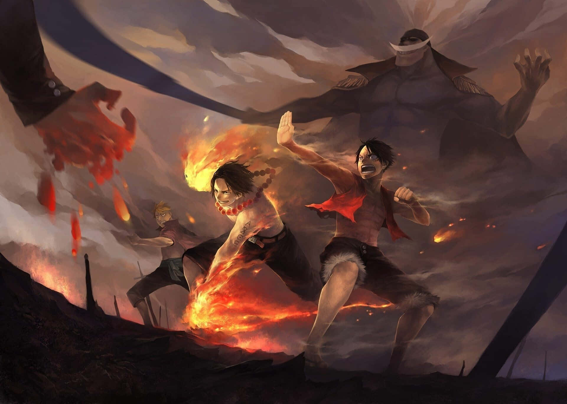 One Piece 5K 桌布 壁紙 — 三位動漫戰士在暴風雨的天空下，於熾熱爆炸和烏雲中戰鬥。