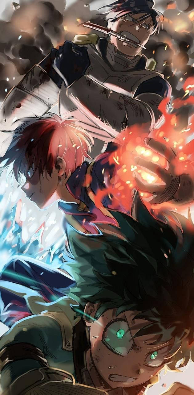 HD anime phone 桌布 壁紙 — 三位動漫戰士在熾熱的戰鬥中碰撞，帶有發光的能量效果和激烈的表情。