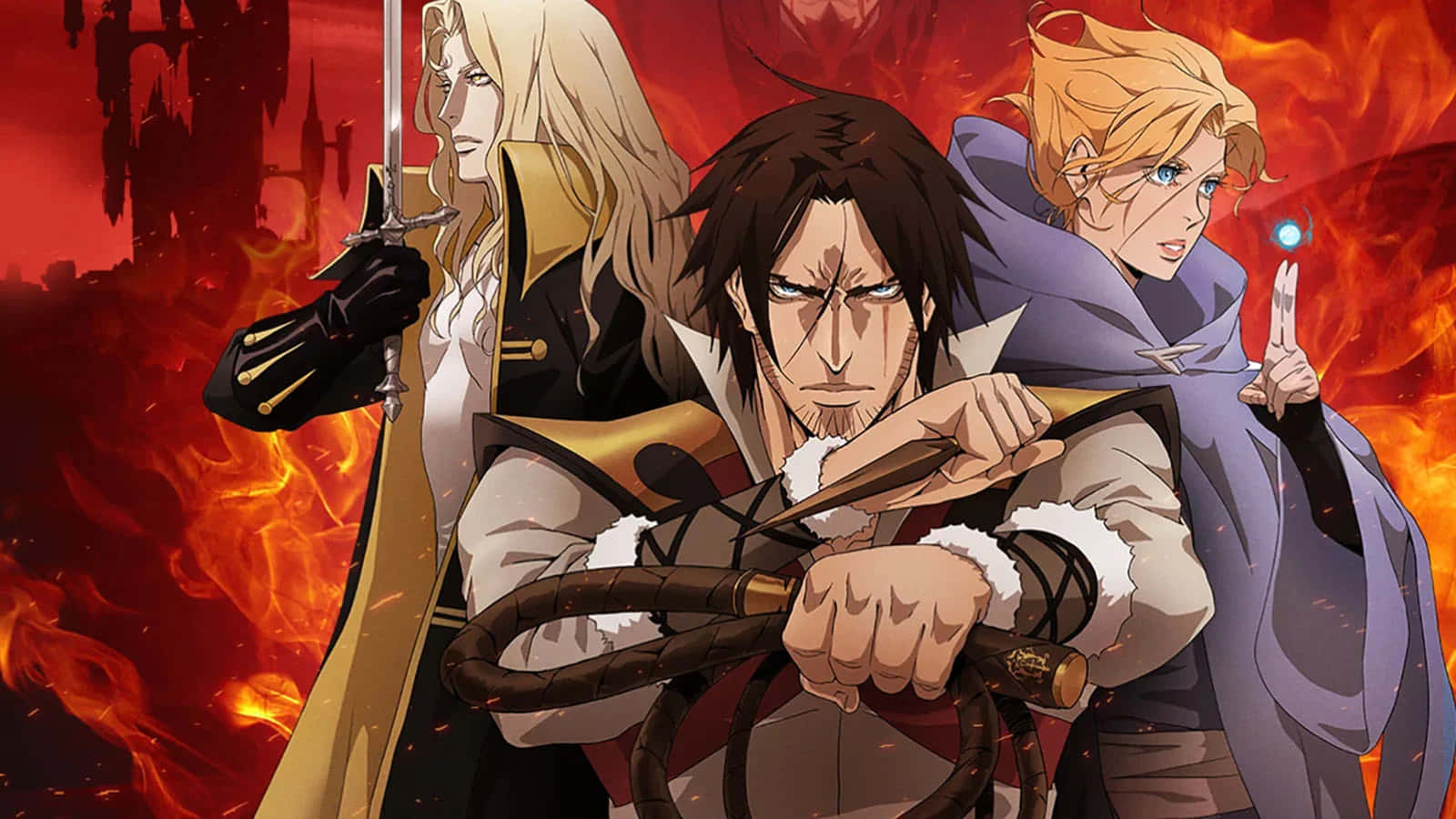 Castlevania 桌布 壁紙 — 三位動漫戰士在熾熱的背景前，面對著燃燒的城堡剪影，表現出挑釁的姿態。